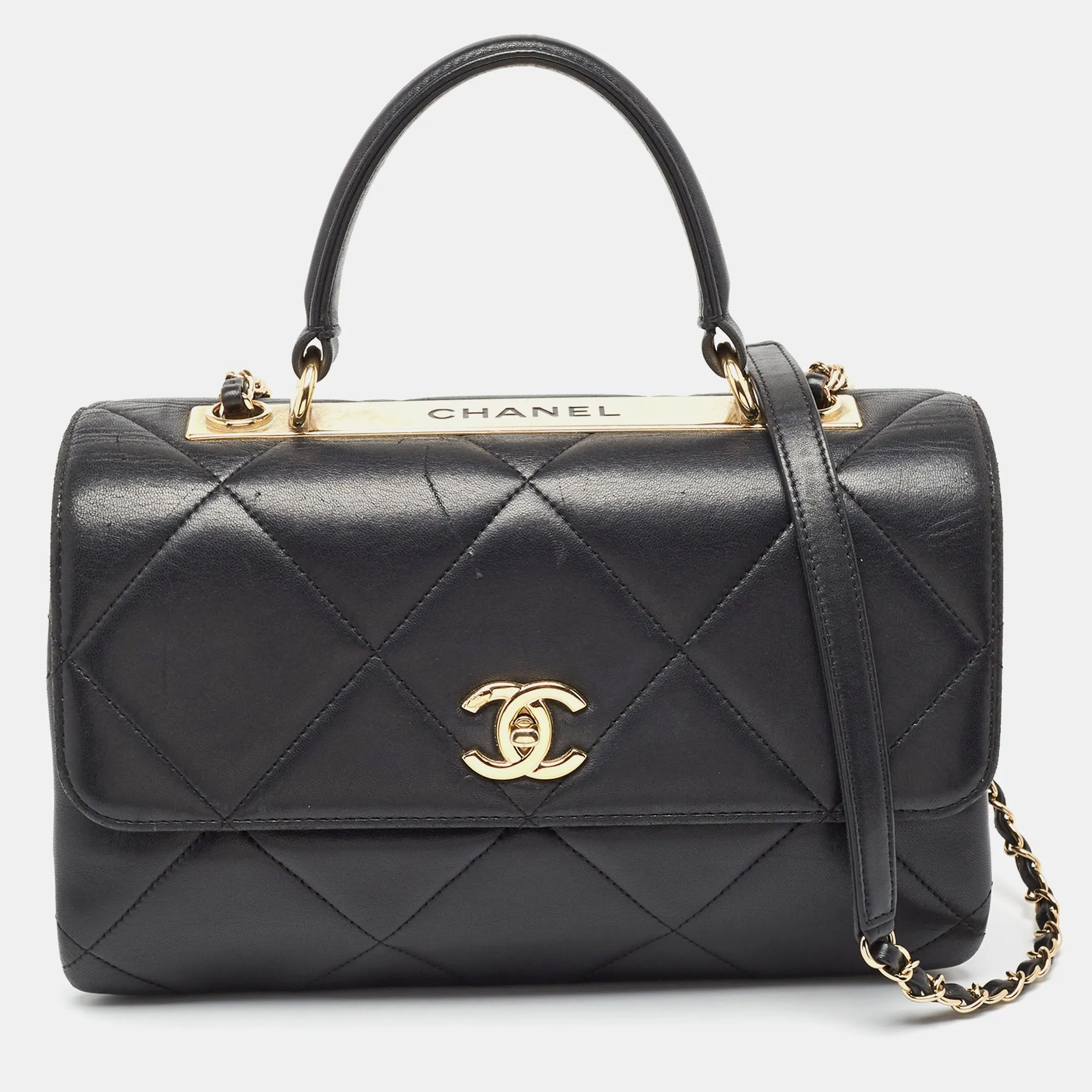 Black Quilted Leather Large Trendy CC Top Handle Bag