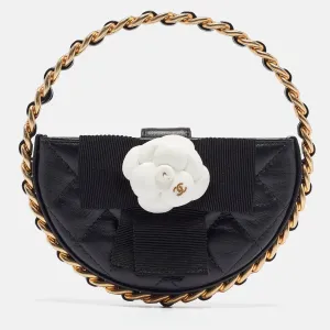 Black Quilted Leather Mini Round Camellia Clutch