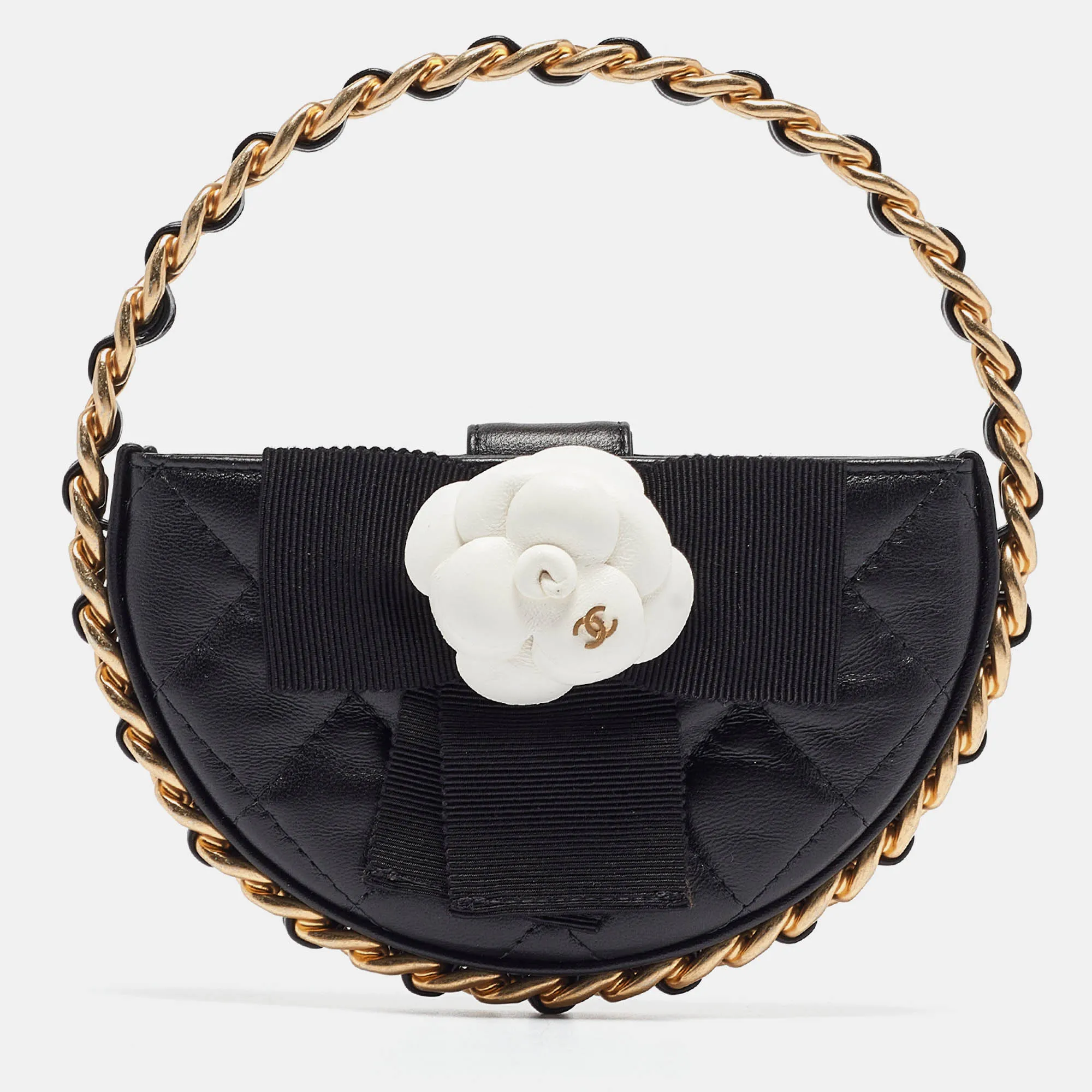 Black Quilted Leather Mini Round Camellia Clutch