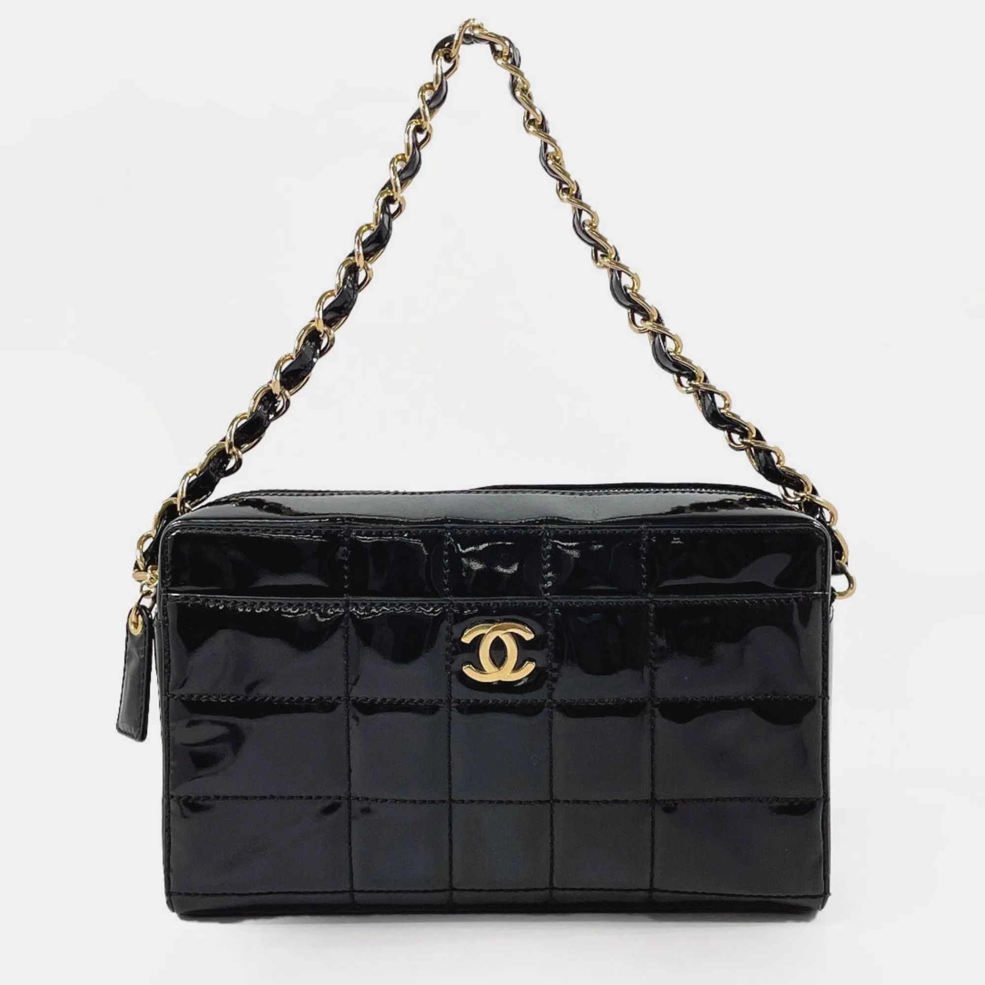 Black Quilted Patent Medium Chocolate Bar CC Camera Bag