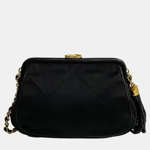 Black Satin Quilted Tassel Frame Crossbody Bag