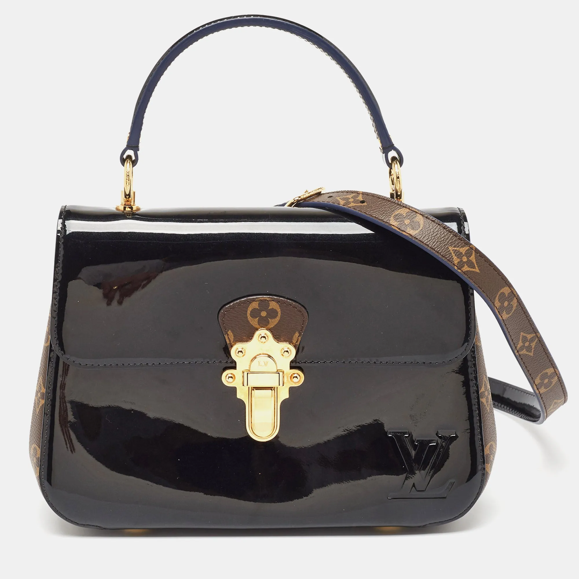 Black Vernis Leather and Monogram Canvas Cherrywood PM Bag