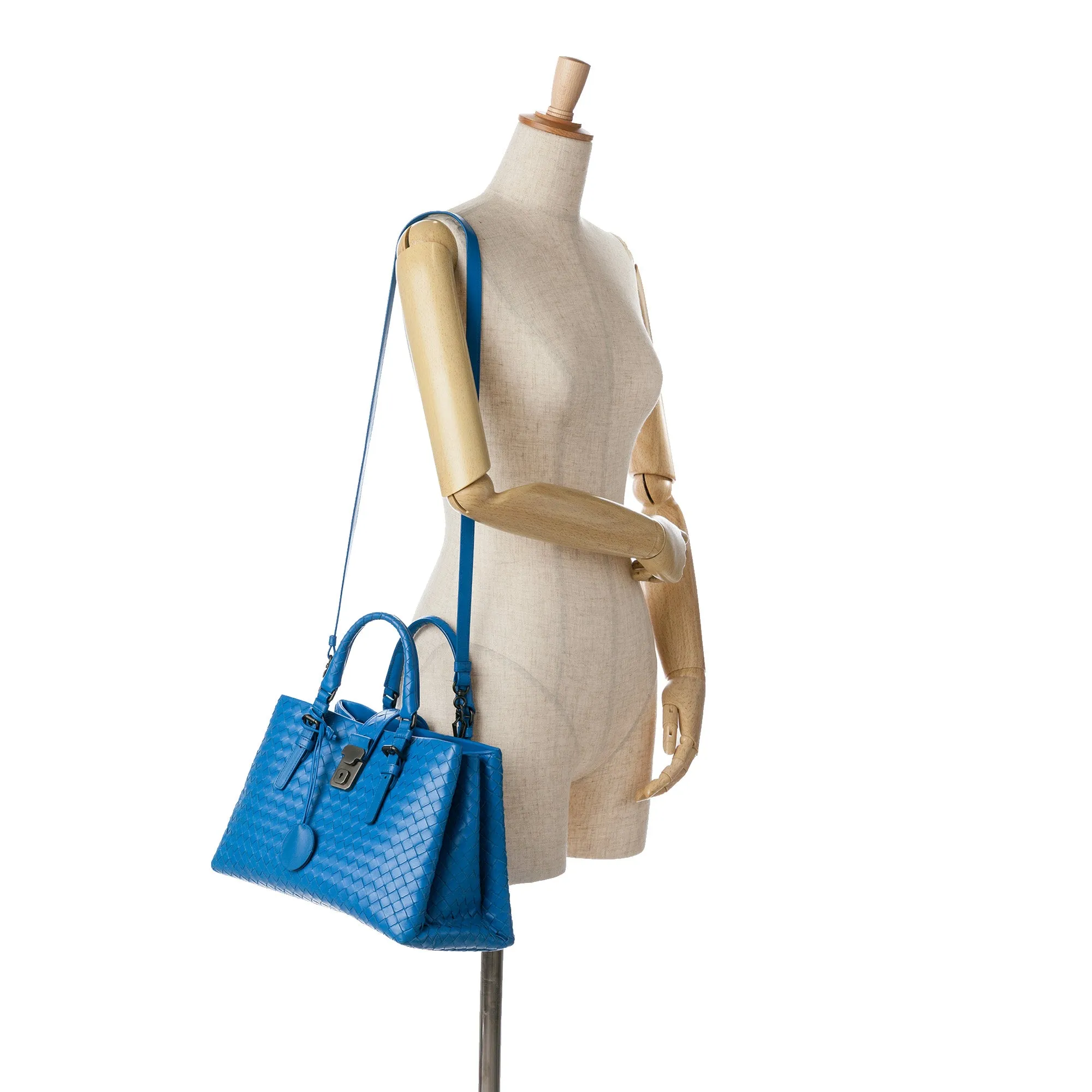 Blue Bottega Veneta Small Intrecciato Roma Satchel