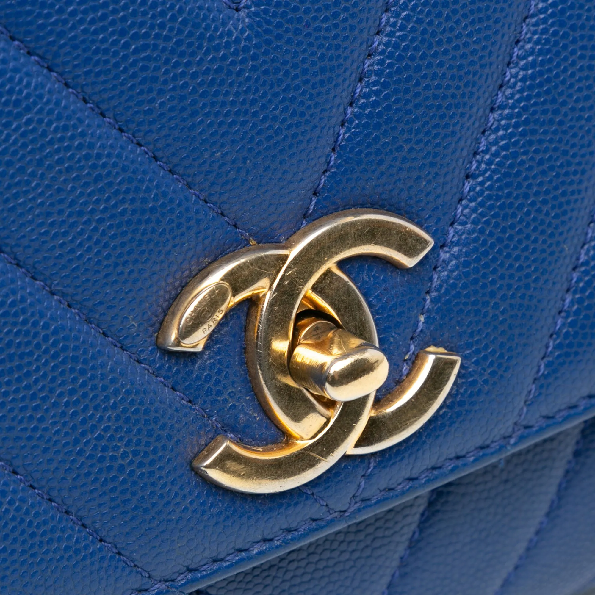 Blue Chanel Small Caviar Chevron Coco Top Handle Bag Satchel