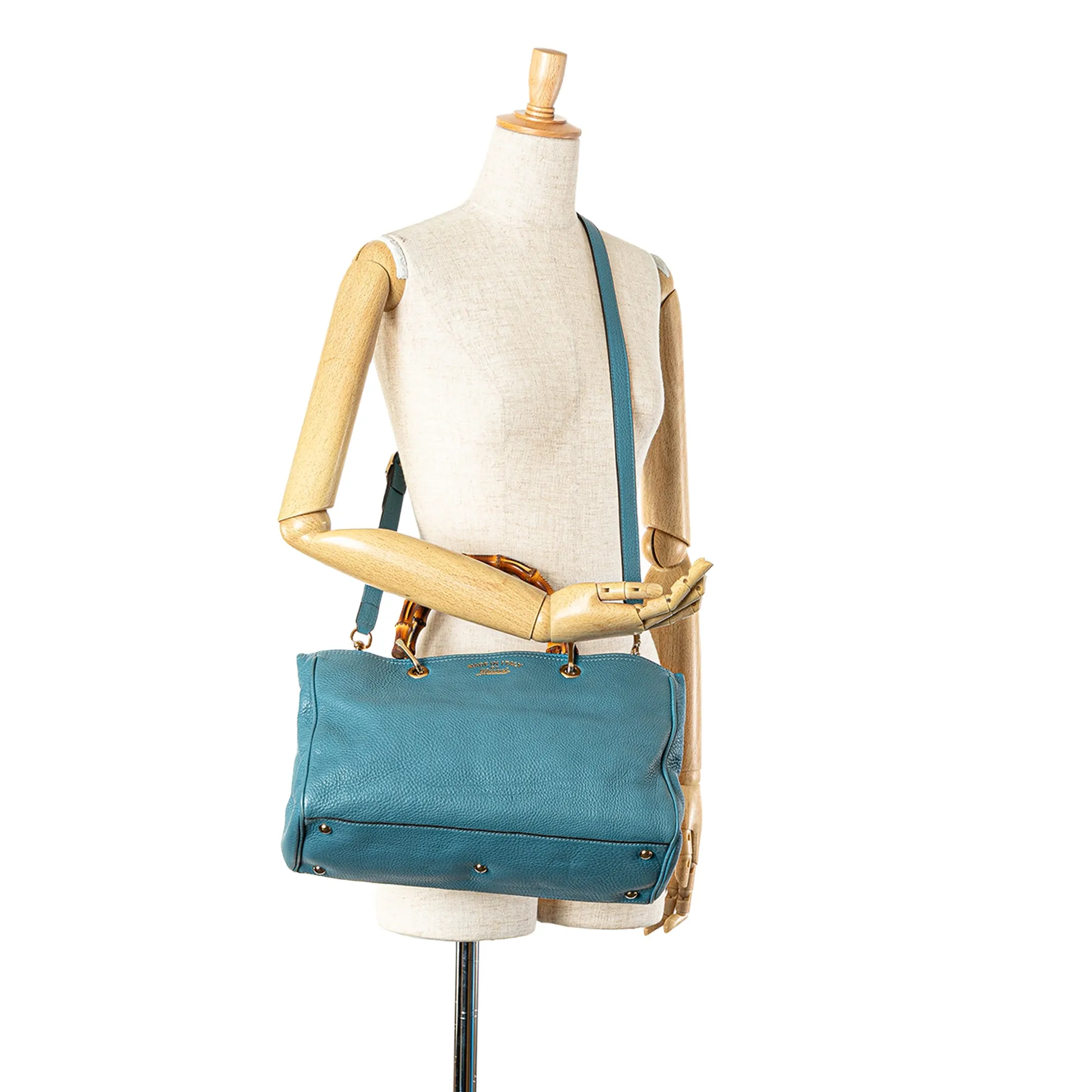 Blue Gucci Medium Calfskin Bamboo Shopper Satchel