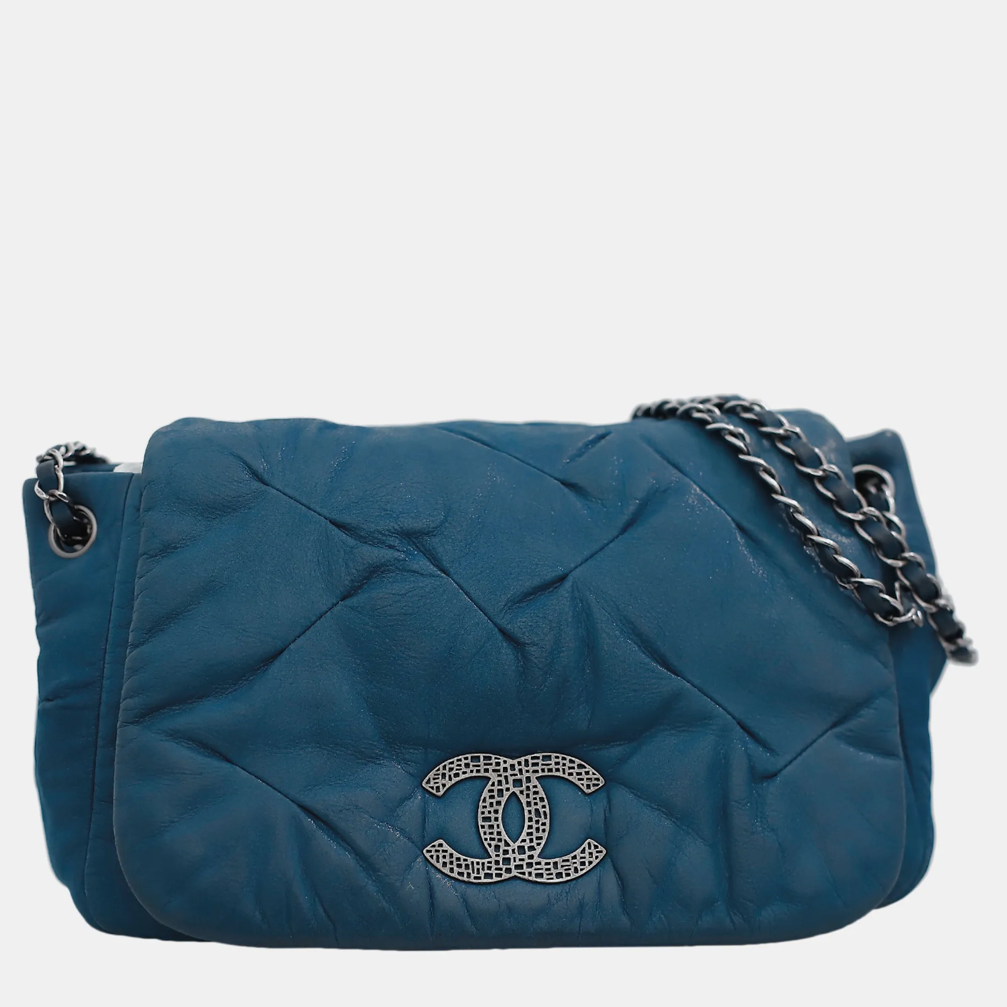 Blue Leather Flap Shoulder Bag