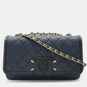 Blue/Black Quilted Caviar Leather CC Filigree Shoulder Bags