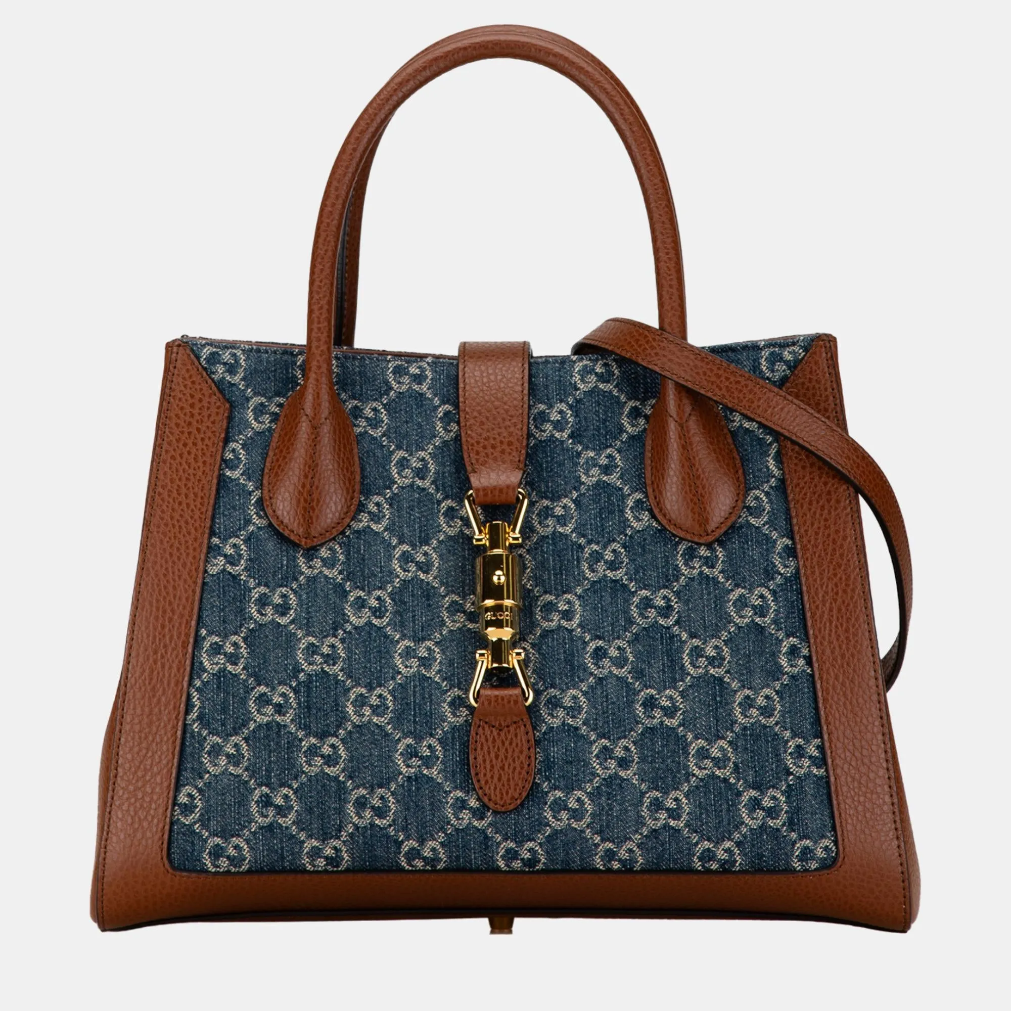 Blue/Brown Denim Medium GG Jackie 1961 Tote Bag