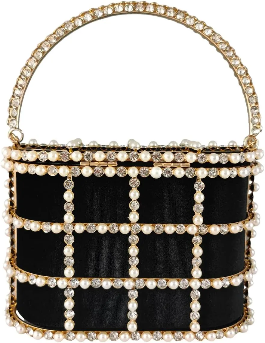 Boutique De FGG Elegant Evening Handbag with Pearl Rhinestone Bucket Bag Crystal Clutch Purses for Wedding Party Small Tote