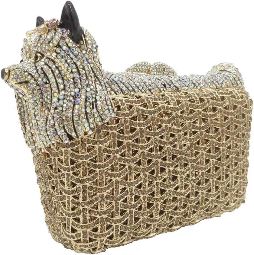 Boutique De FGG Puppy Evening Bags and Clutches for Women Formal Party Poodle Dog Crystal Clutch Purse Wedding Handbag