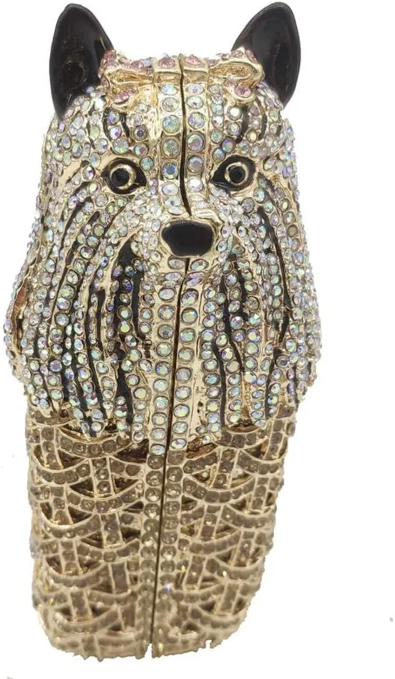Boutique De FGG Puppy Evening Bags and Clutches for Women Formal Party Poodle Dog Crystal Clutch Purse Wedding Handbag