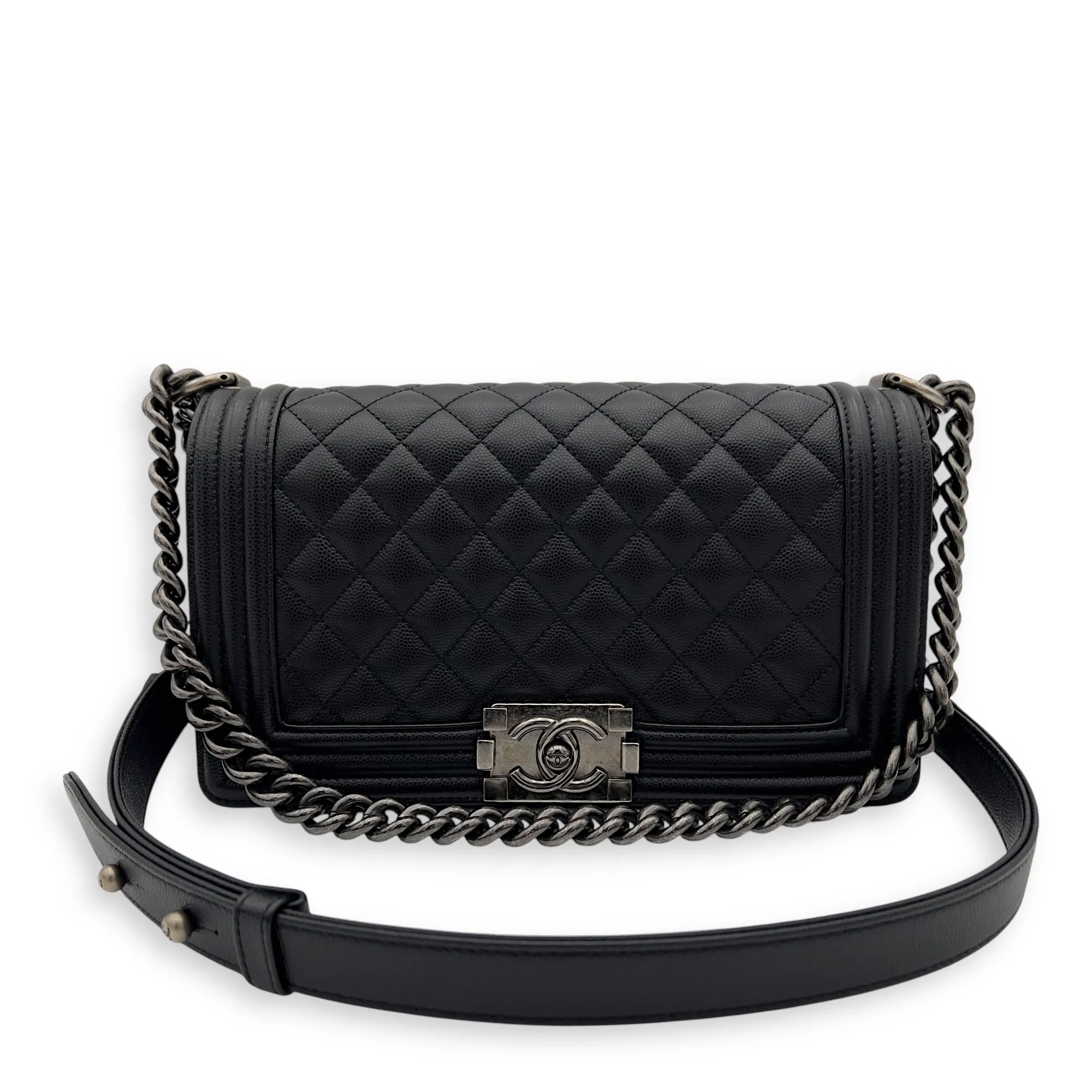 Boy Shoulder Bag Black in Caviar Leather, Ruthenium hardware