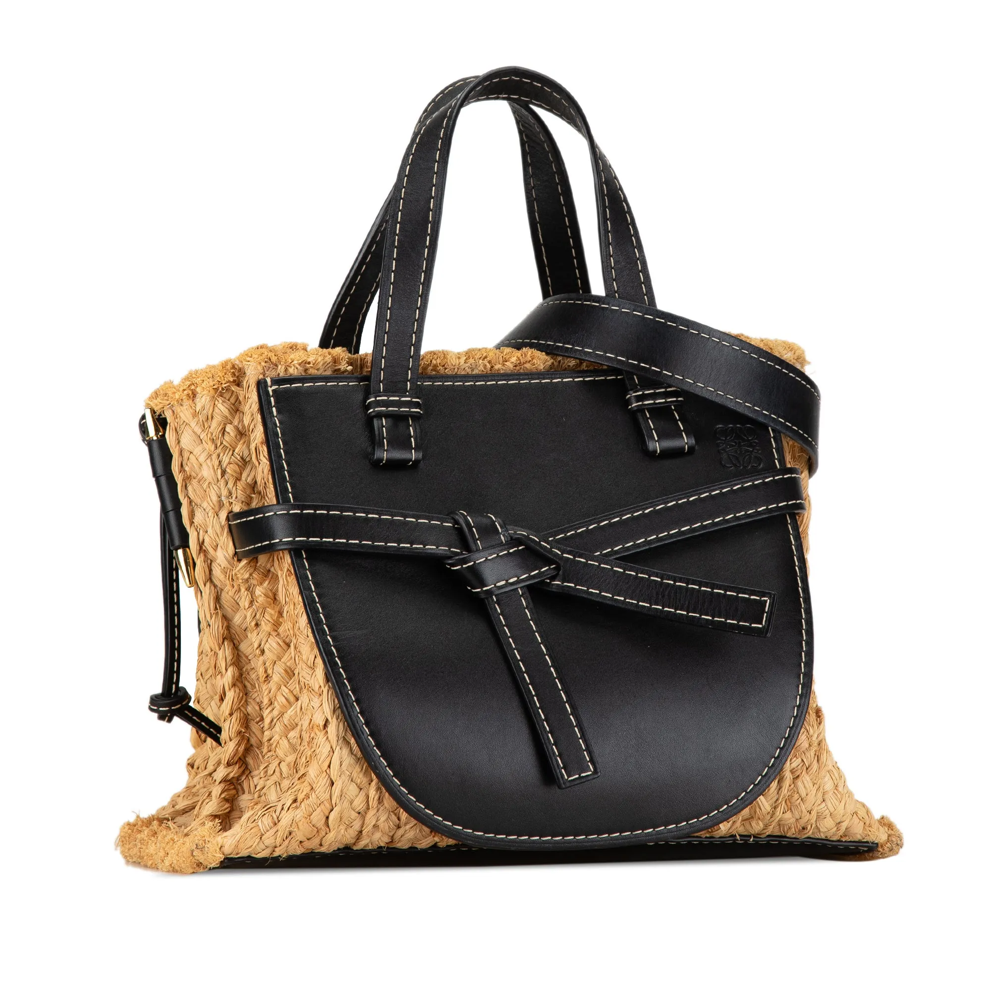 Brown LOEWE Small Raffia and Leather Gate Top Handle Bag Satchel