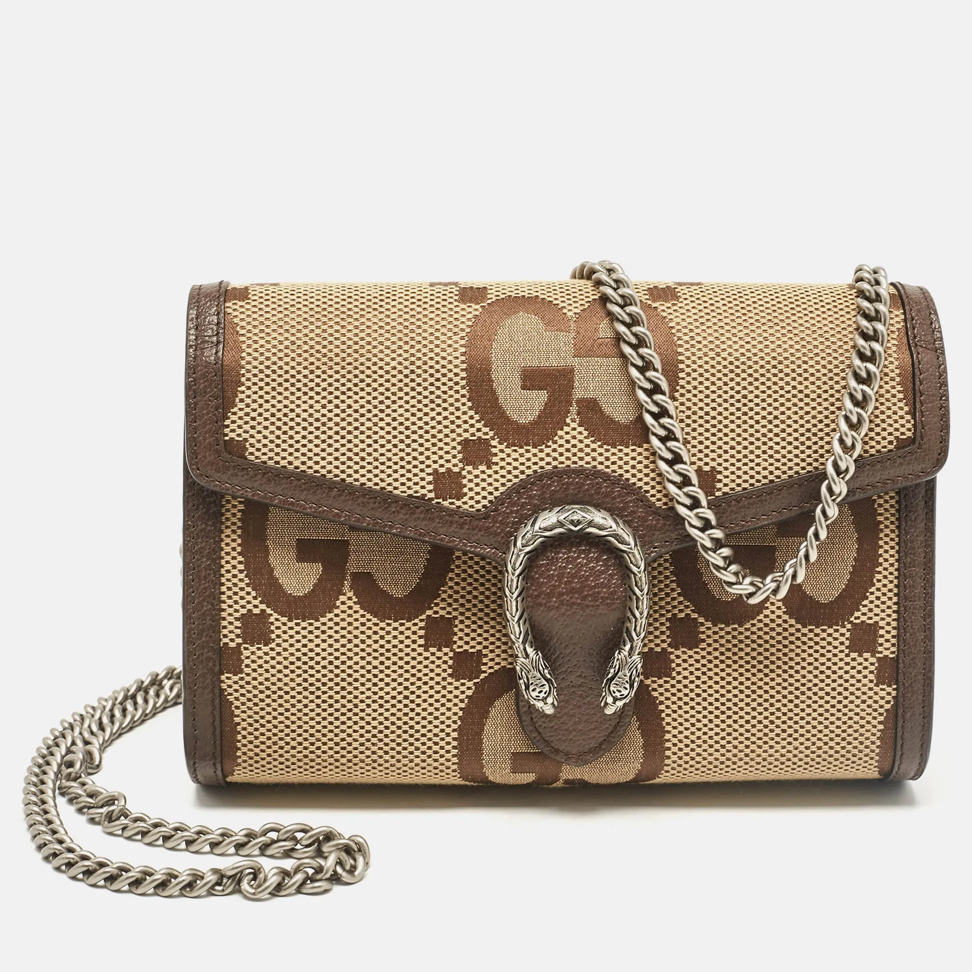 Brown/Beige Jumbo GG Canvas Dionysus Wallet On Chain