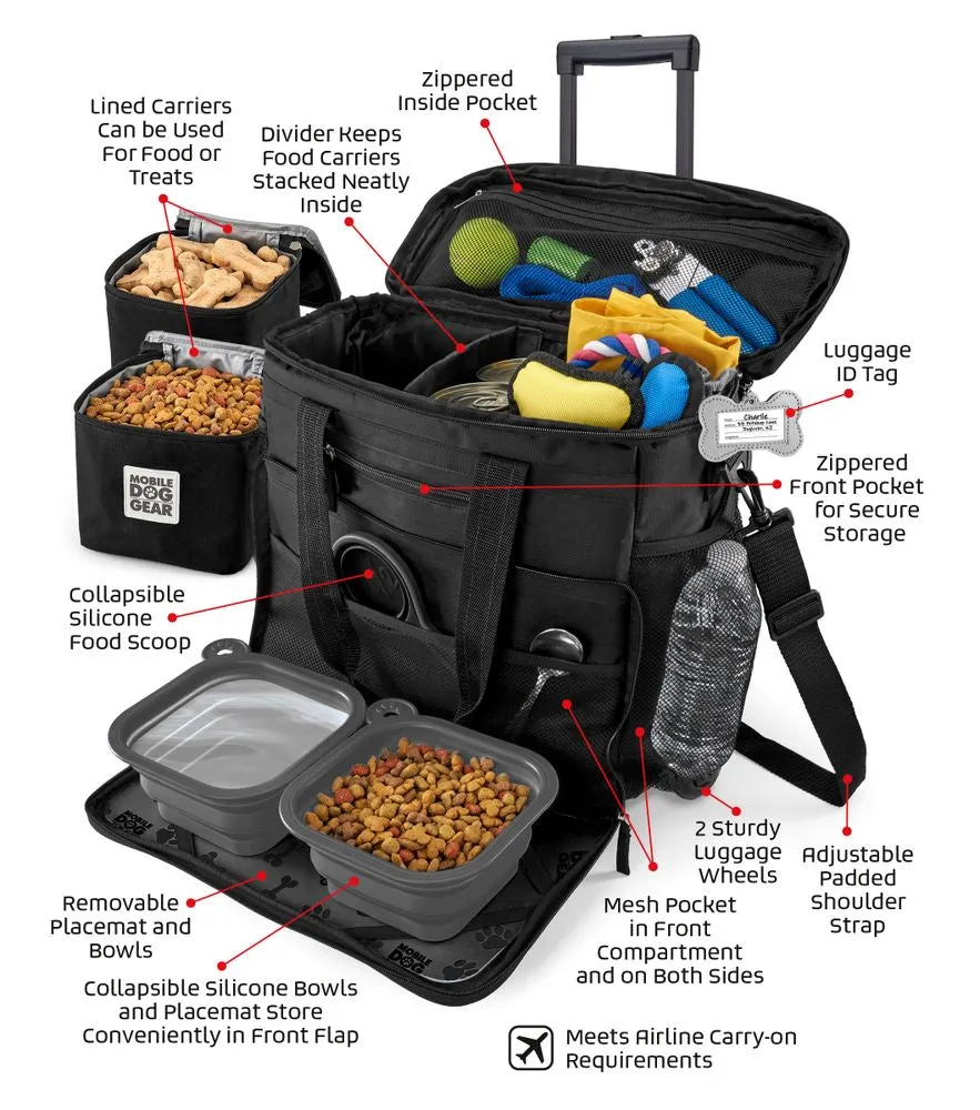 Bundle: ODG Day/Night Walking Bag (Black), ODG Rolling Week Away Bag TM, ODG Dine Away Set TM (Med/Lg Dogs) (Black) and ODG Weekender Backpack TM (Black)