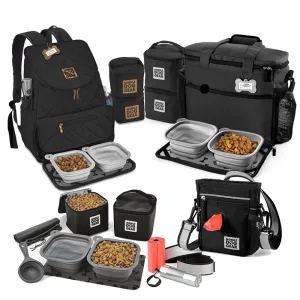 Bundle: ODG Day/Night Walking Bag (Black), ODG Rolling Week Away Bag TM, ODG Dine Away Set TM (Med/Lg Dogs) (Black) and ODG Weekender Backpack TM (Black)