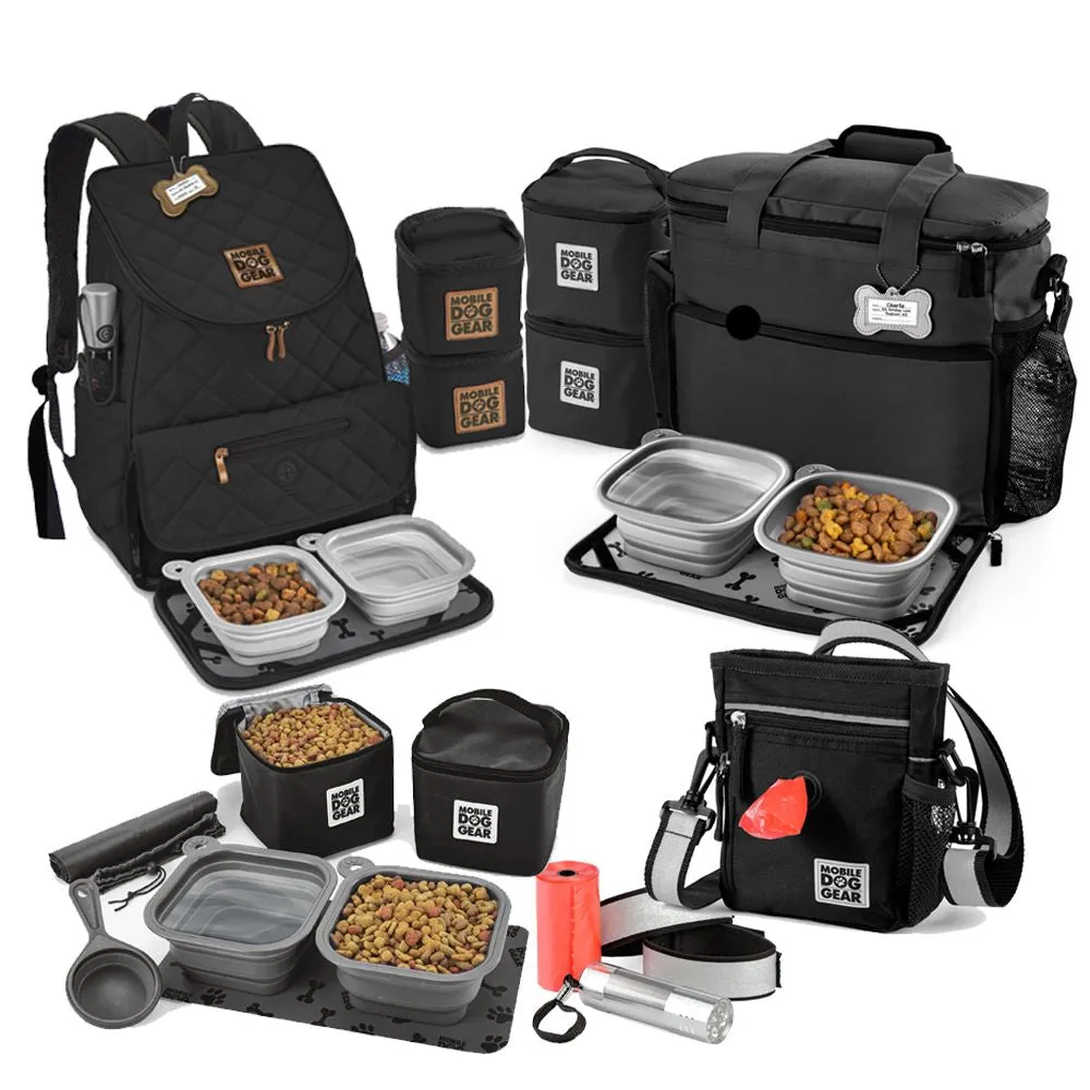 Bundle: ODG Day/Night Walking Bag (Black), ODG Rolling Week Away Bag TM, ODG Dine Away Set TM (Med/Lg Dogs) (Black) and ODG Weekender Backpack TM (Black)