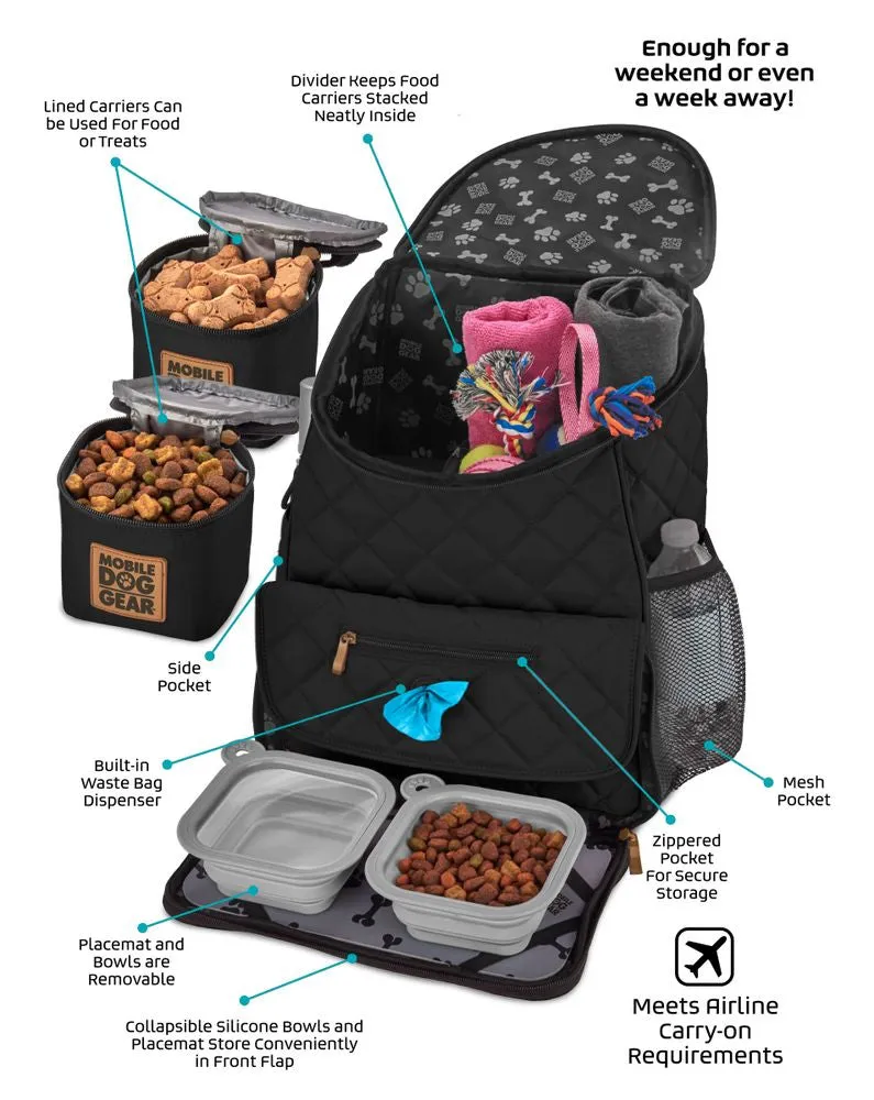 Bundle: ODG Day/Night Walking Bag (Black), ODG Rolling Week Away Bag TM, ODG Dine Away Set TM (Med/Lg Dogs) (Black) and ODG Weekender Backpack TM (Black)