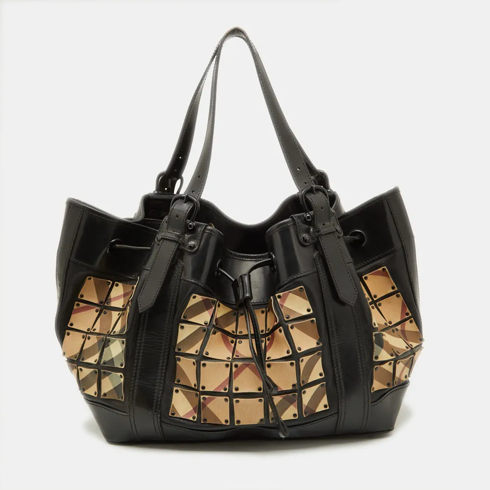 BURBERRY Beige/Black Nova Check Coated Canvas and Patent Leather Warrior Tote