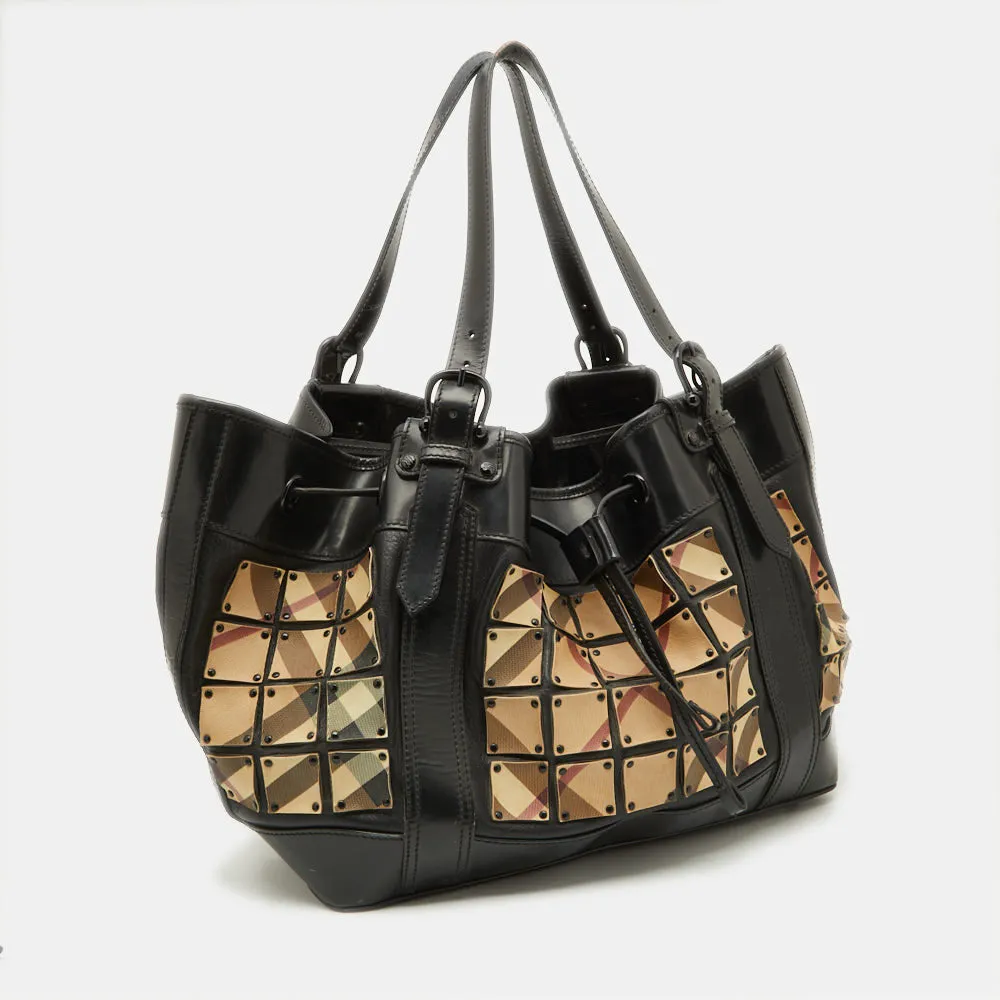 BURBERRY Beige/Black Nova Check Coated Canvas and Patent Leather Warrior Tote