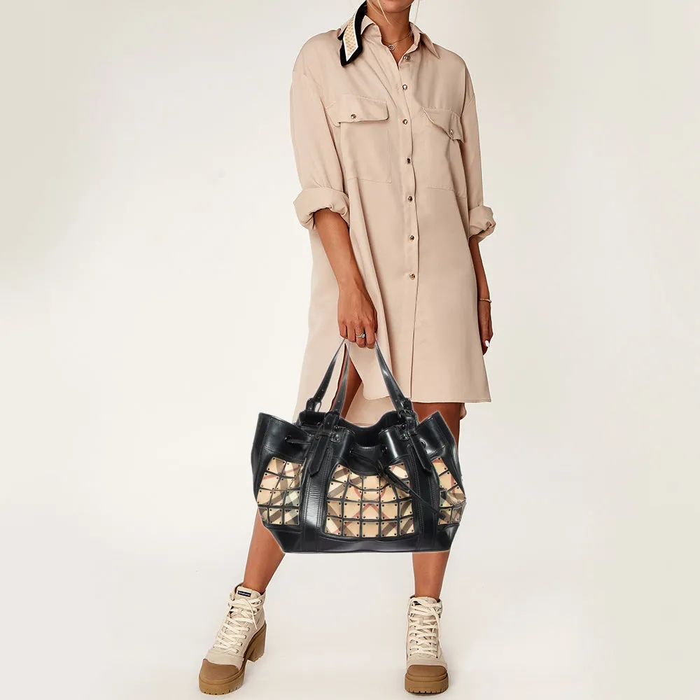 BURBERRY Beige/Black Nova Check Coated Canvas and Patent Leather Warrior Tote