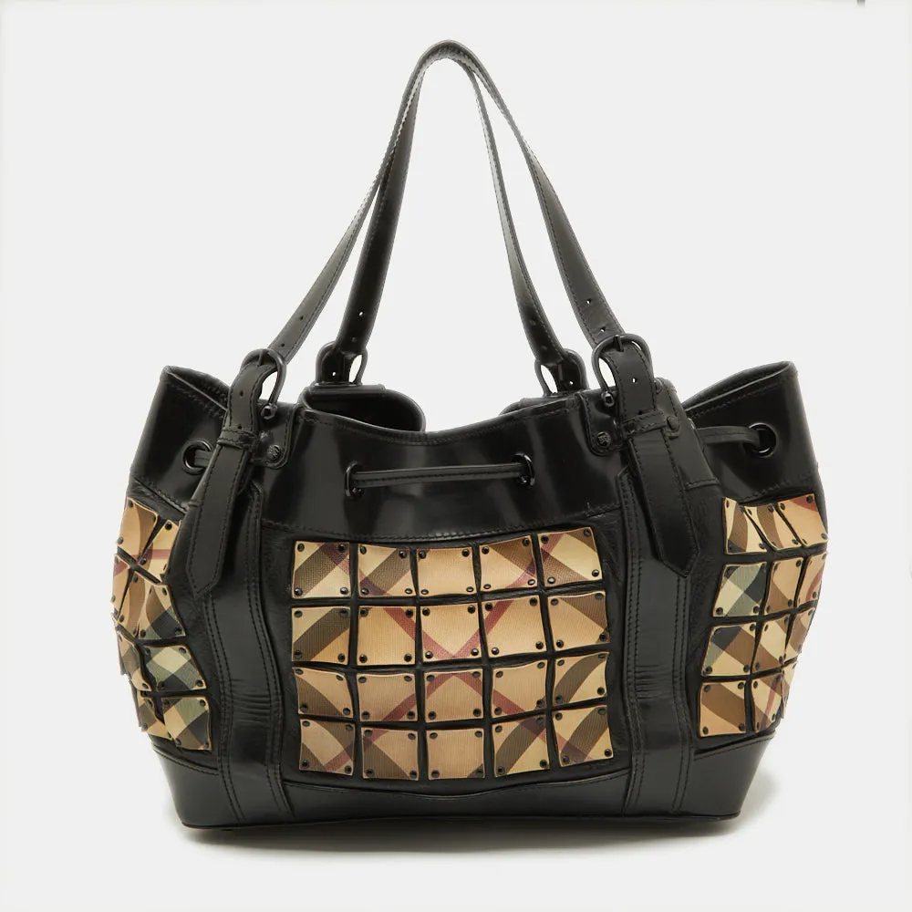 BURBERRY Beige/Black Nova Check Coated Canvas and Patent Leather Warrior Tote