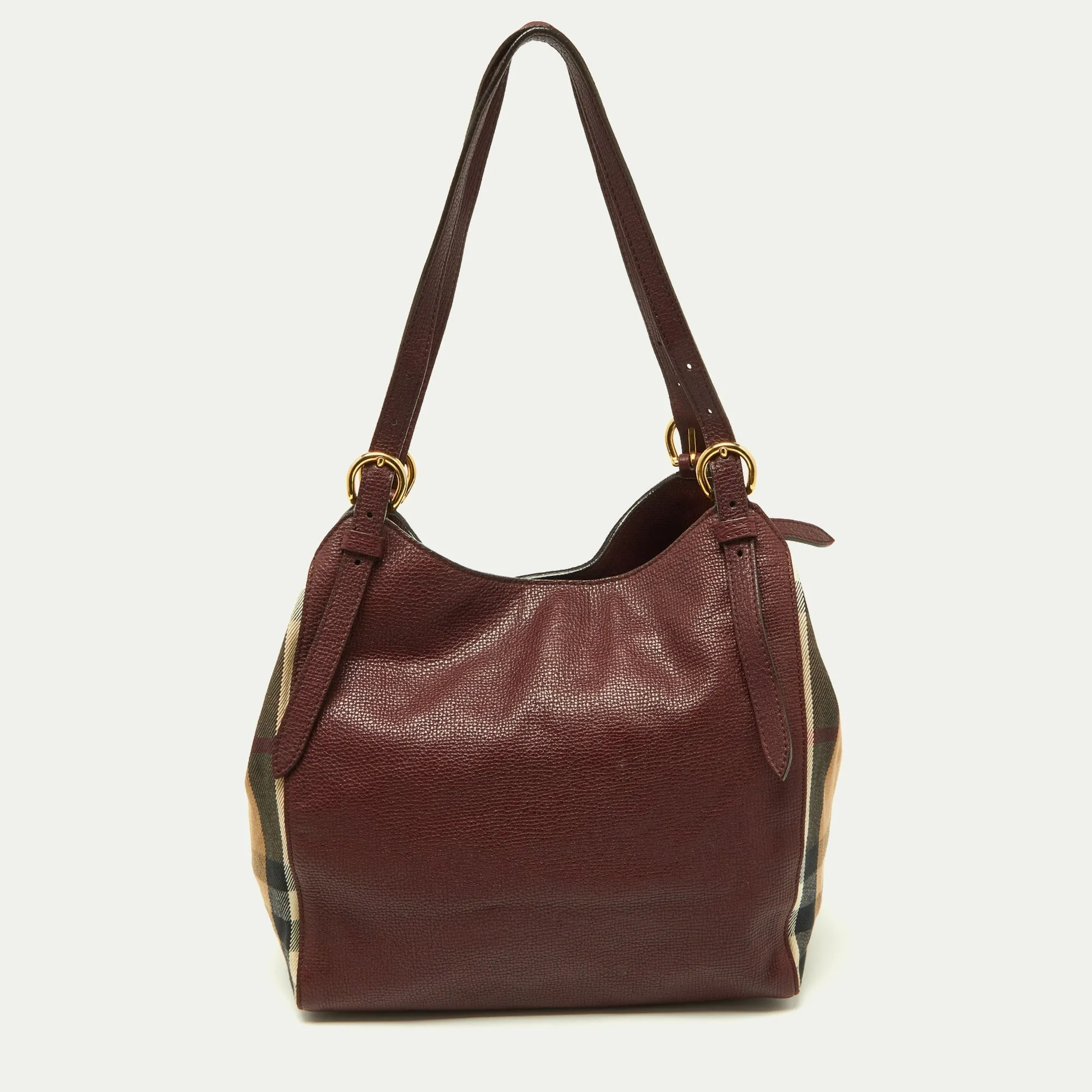 BURBERRY Burgundy/Beige House Check Fabric and Leather Small Canterbury Tote