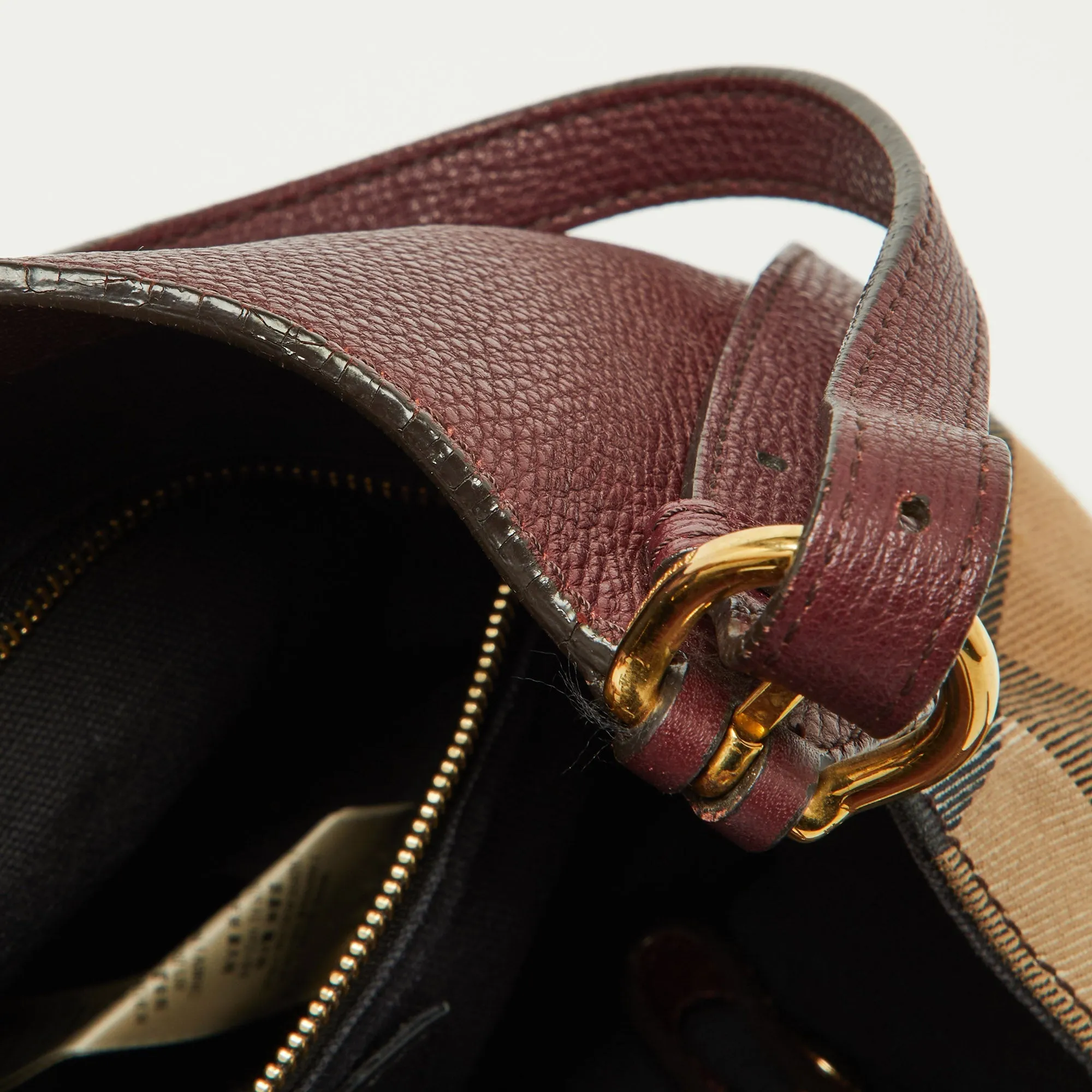 BURBERRY Burgundy/Beige House Check Fabric and Leather Small Canterbury Tote