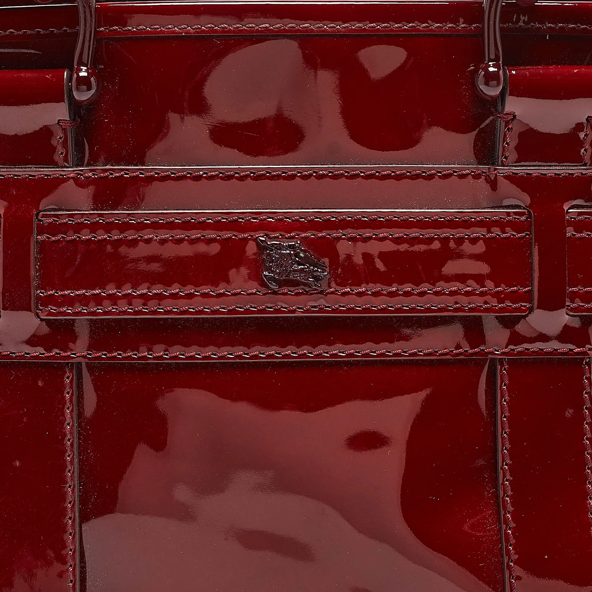 BURBERRY Red Patent Leather Buckle Chain Tote
