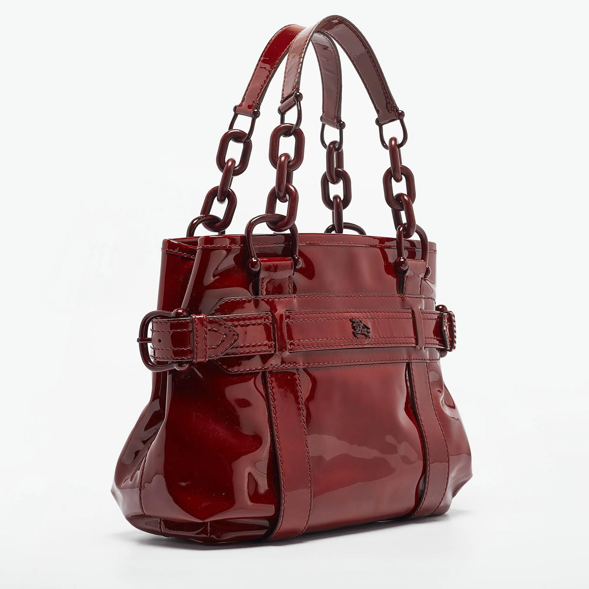 BURBERRY Red Patent Leather Buckle Chain Tote