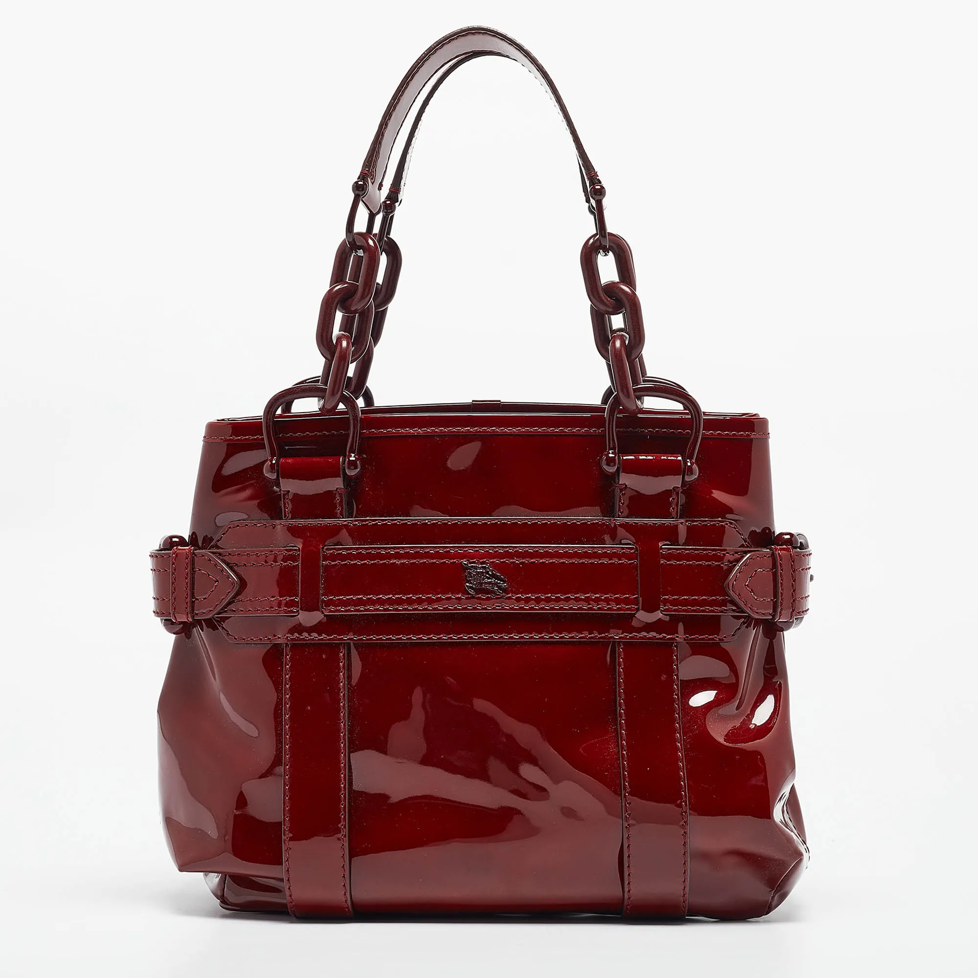 BURBERRY Red Patent Leather Buckle Chain Tote