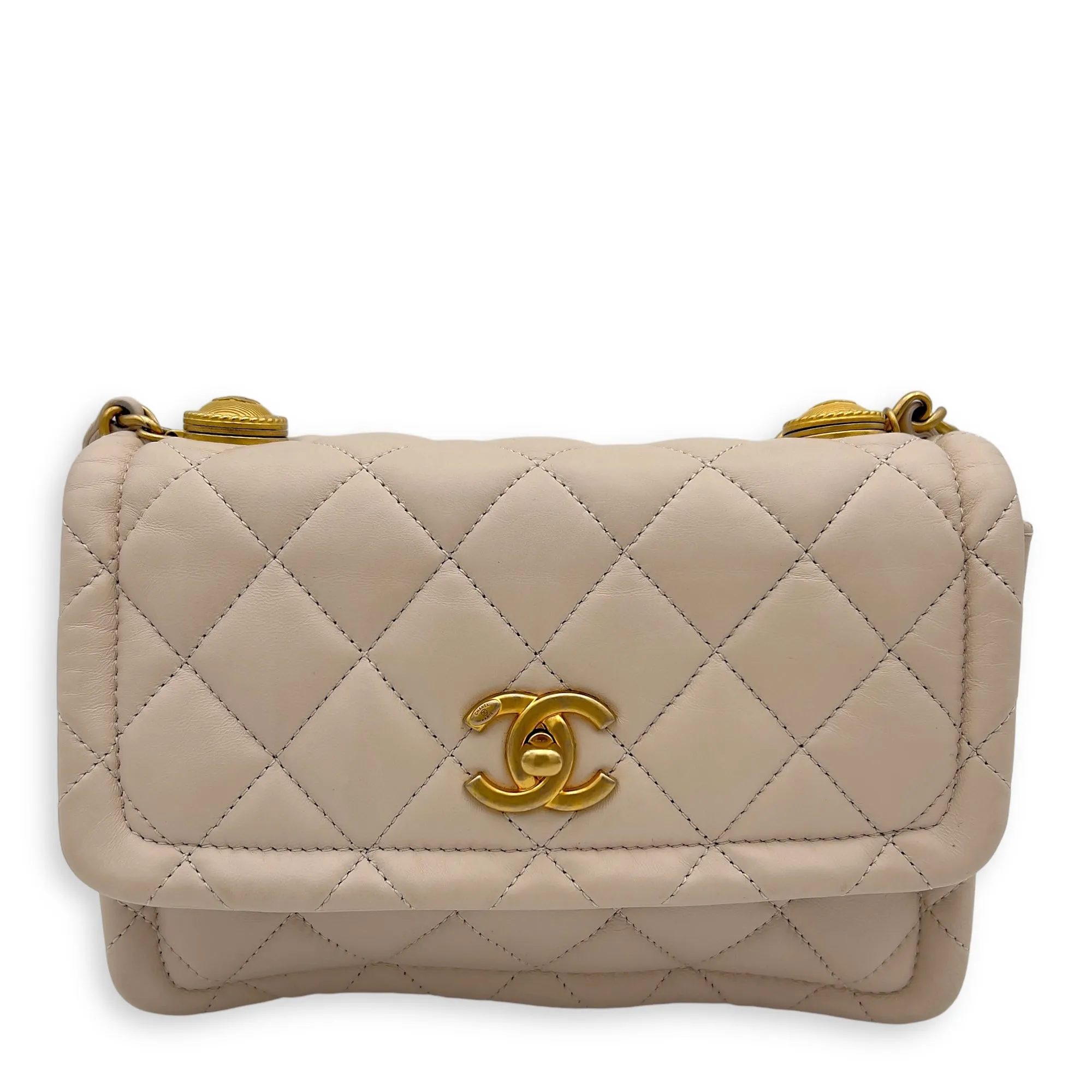 Button On Top Crossbody Bag White in Lambskin, Gold hardware