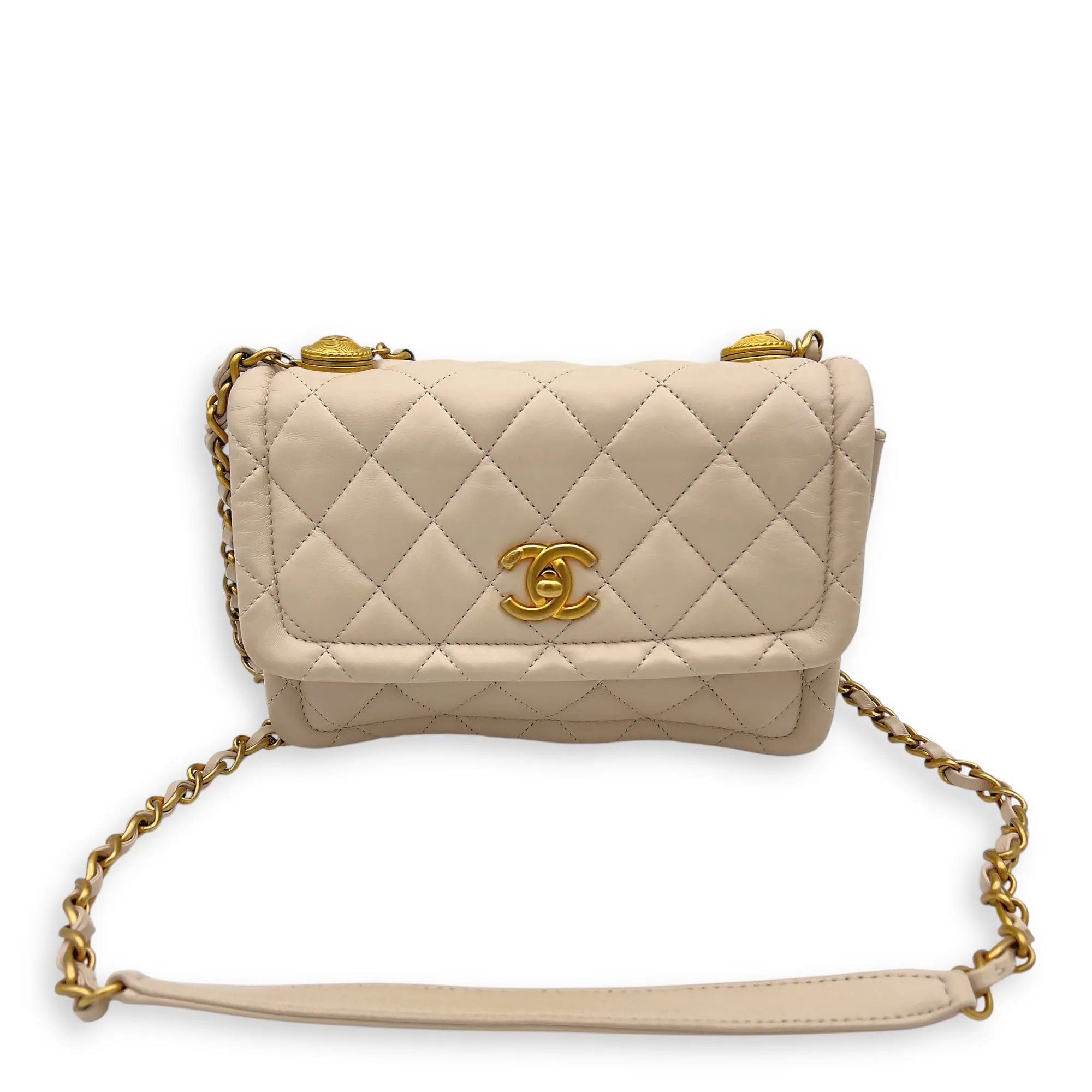 Button On Top Crossbody Bag White in Lambskin, Gold hardware
