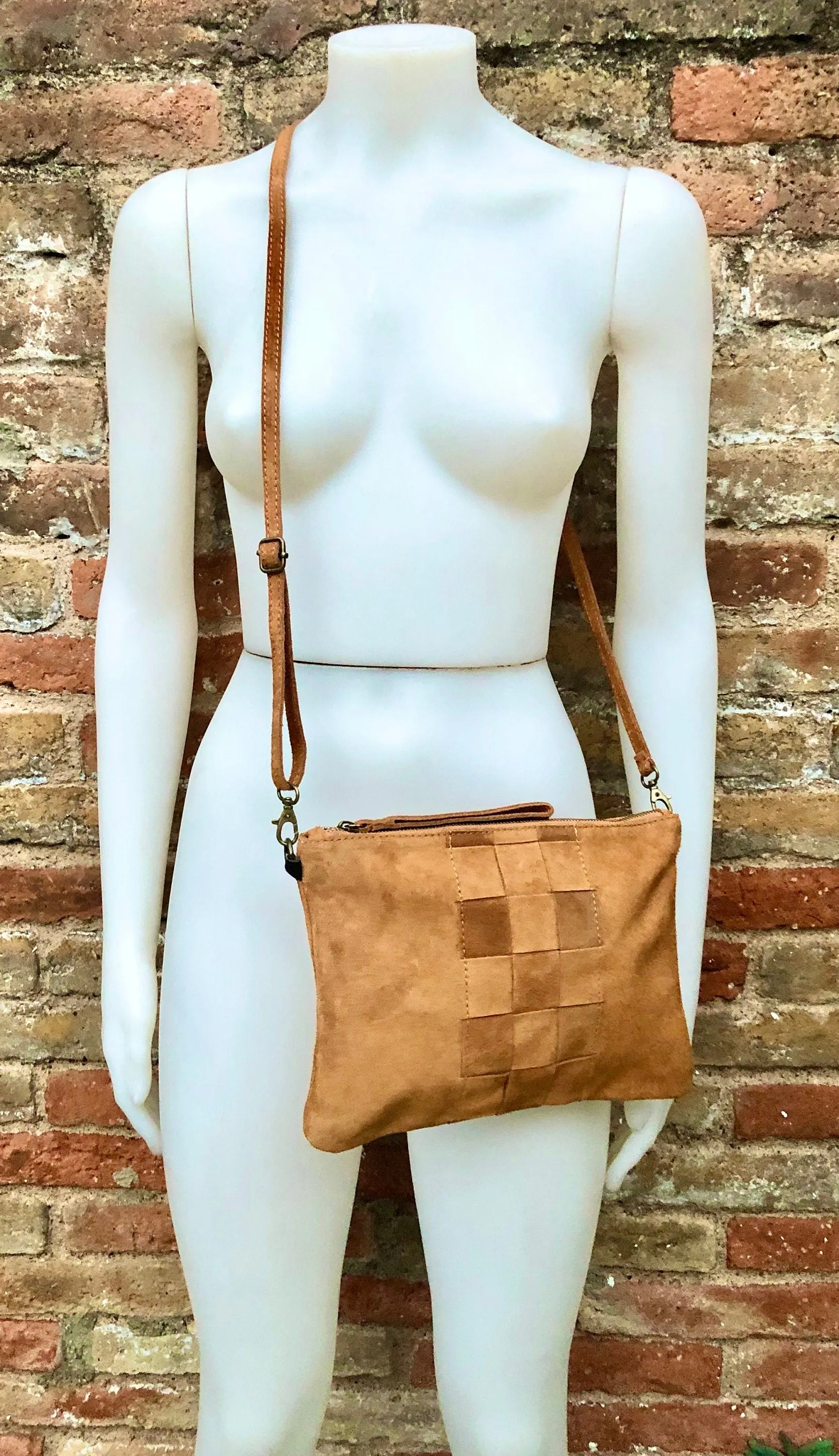 Camel brown suede leather bag . Cross body or shoulder bag in GENUINE  leather. Small saddle brown SUEDE purse   adjustable strap and zipper