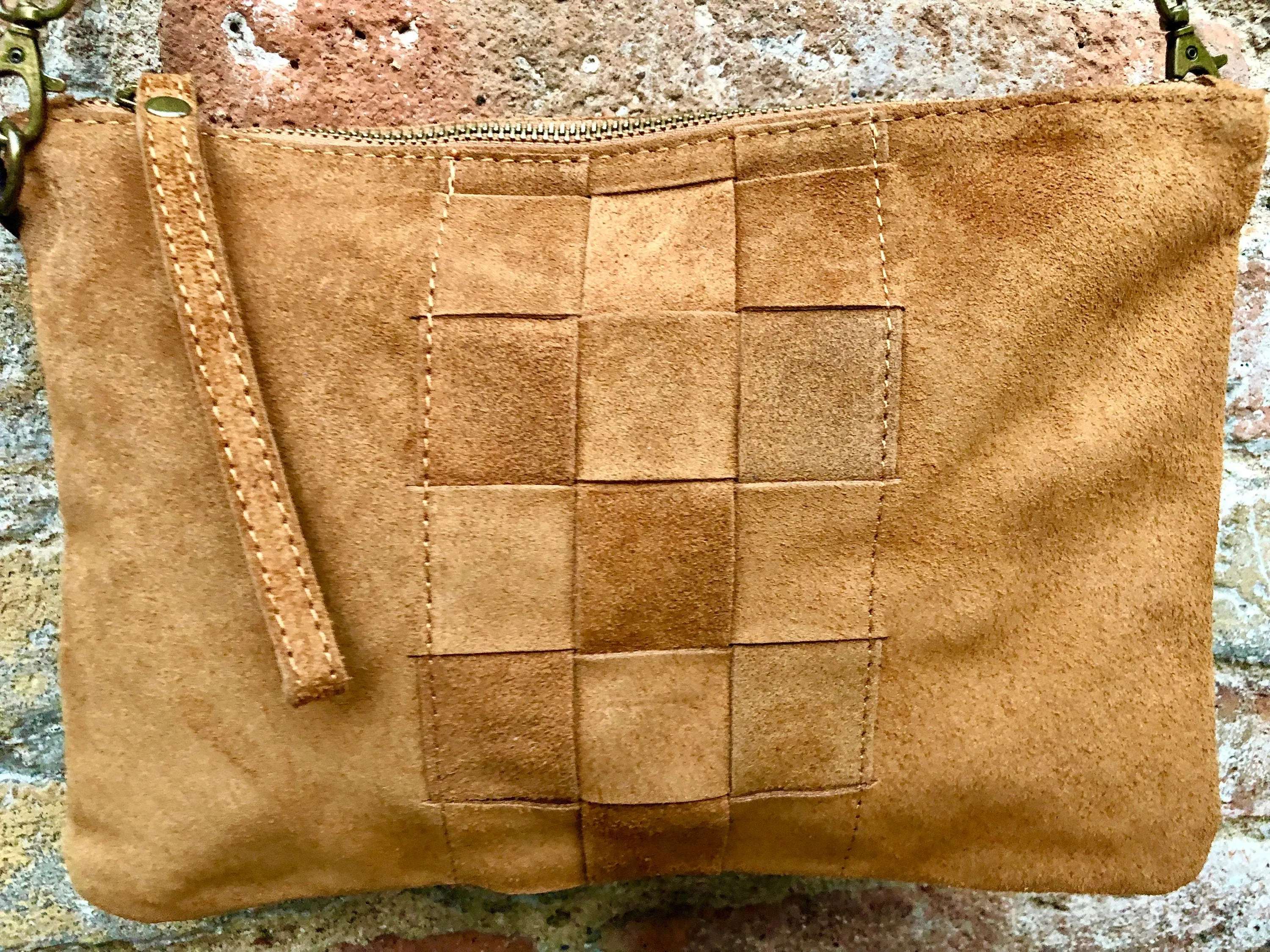 Camel brown suede leather bag . Cross body or shoulder bag in GENUINE  leather. Small saddle brown SUEDE purse   adjustable strap and zipper