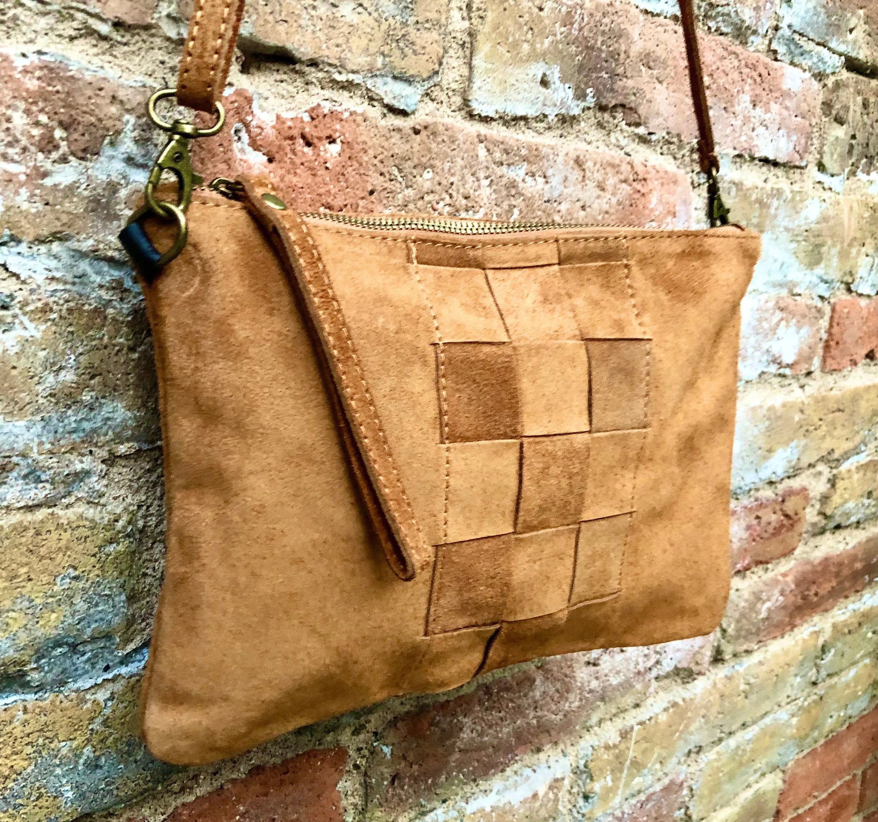 Camel brown suede leather bag . Cross body or shoulder bag in GENUINE  leather. Small saddle brown SUEDE purse   adjustable strap and zipper