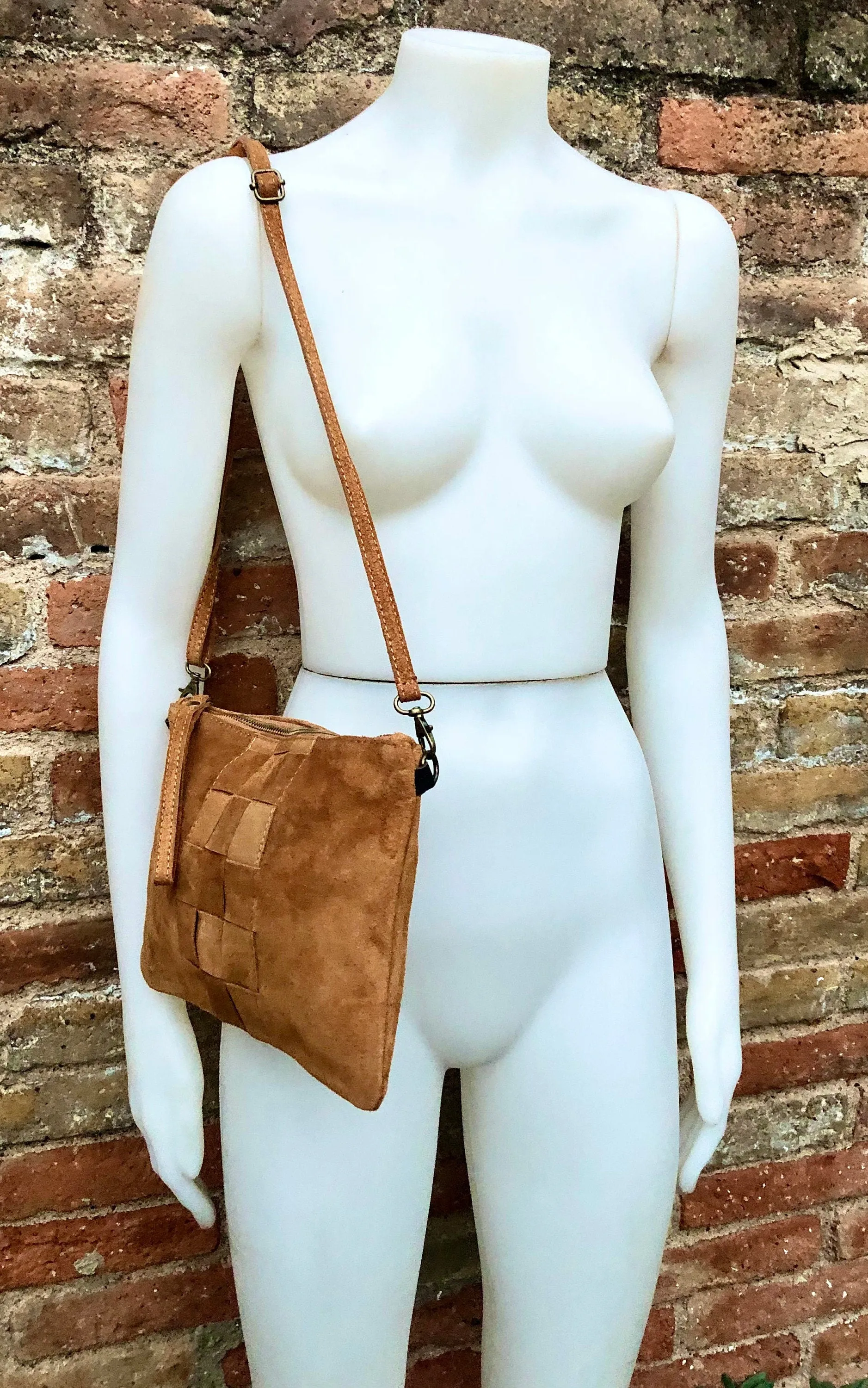 Camel brown suede leather bag . Cross body or shoulder bag in GENUINE  leather. Small saddle brown SUEDE purse   adjustable strap and zipper
