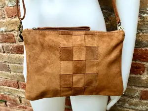 Camel brown suede leather bag . Cross body or shoulder bag in GENUINE  leather. Small saddle brown SUEDE purse   adjustable strap and zipper