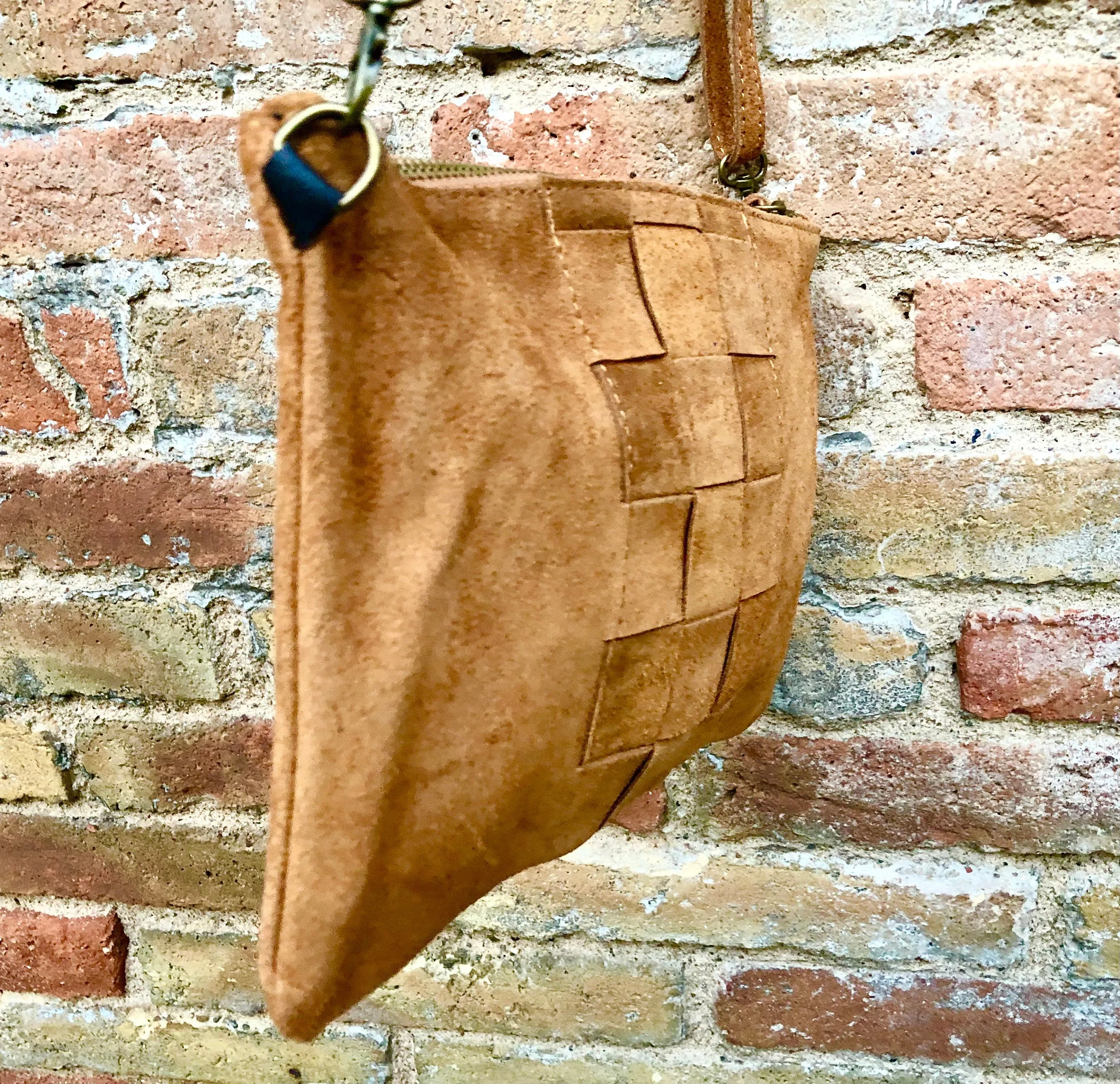 Camel brown suede leather bag . Cross body or shoulder bag in GENUINE  leather. Small saddle brown SUEDE purse   adjustable strap and zipper
