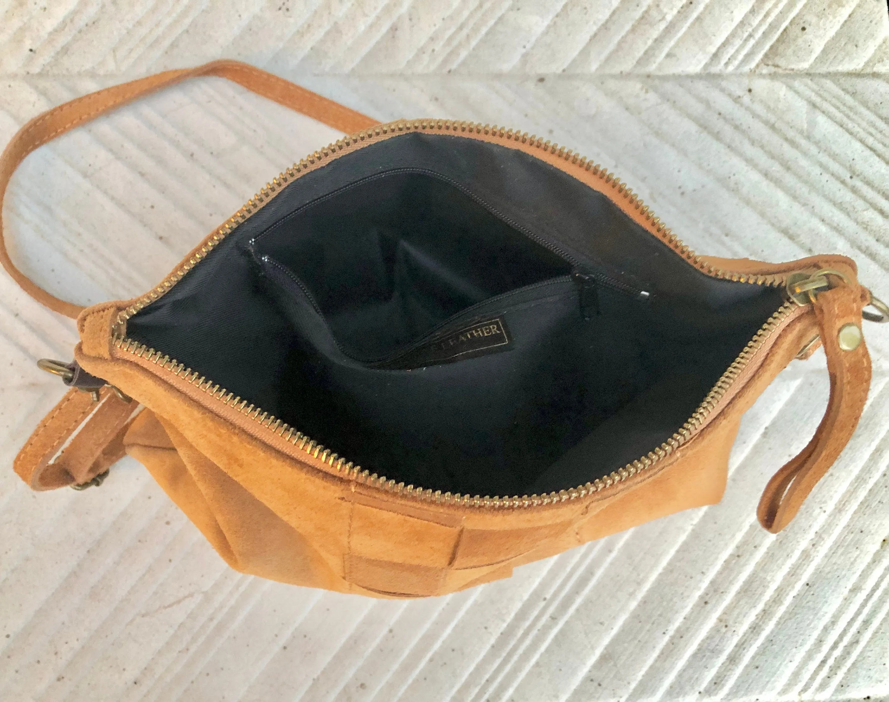 Camel brown suede leather bag . Cross body or shoulder bag in GENUINE  leather. Small saddle brown SUEDE purse   adjustable strap and zipper