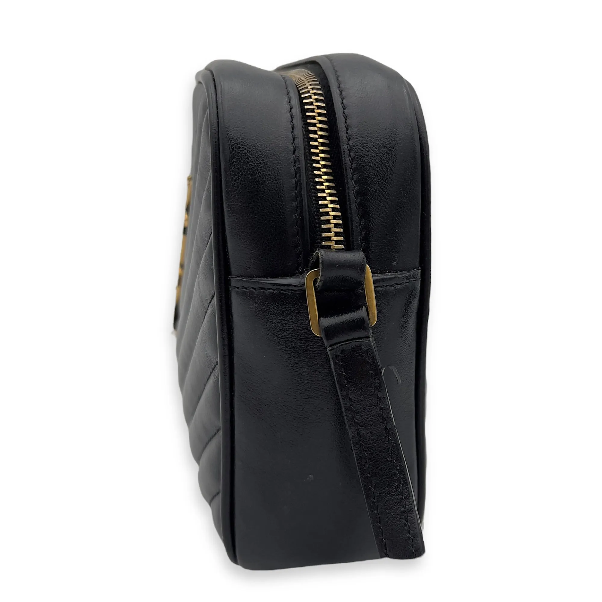 Camera Crossbody Bag Medium Black in Calfskin, Gold hardware