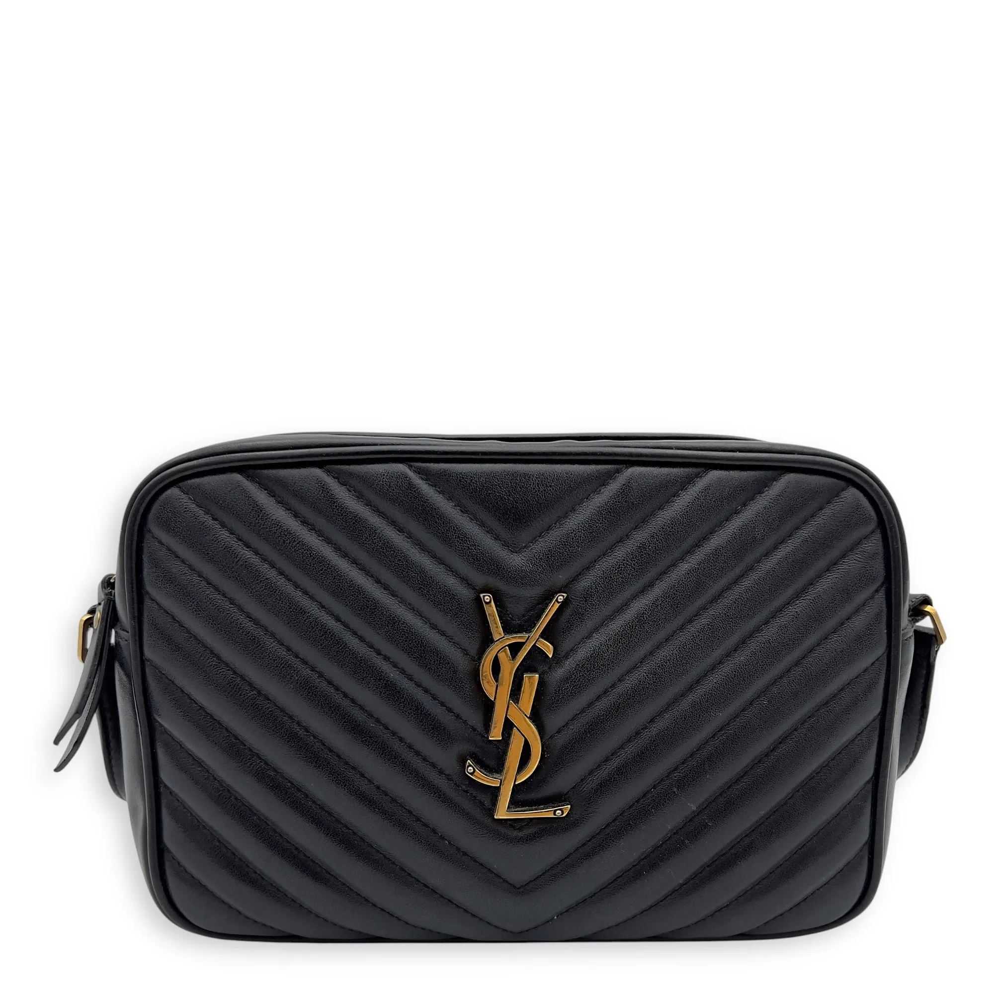 Camera Crossbody Bag Medium Black in Calfskin, Gold hardware