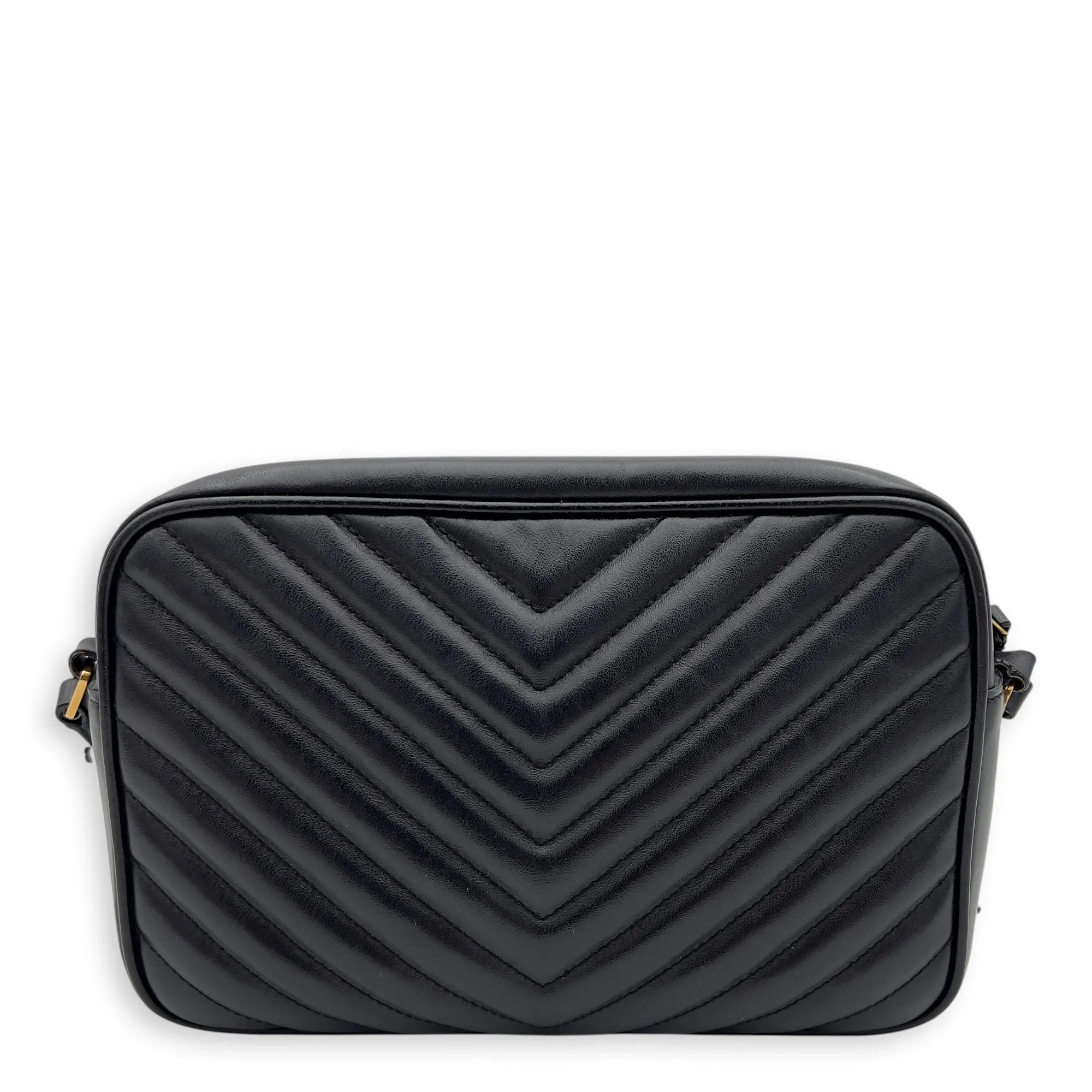 Camera Crossbody Bag Medium Black in Calfskin, Gold hardware