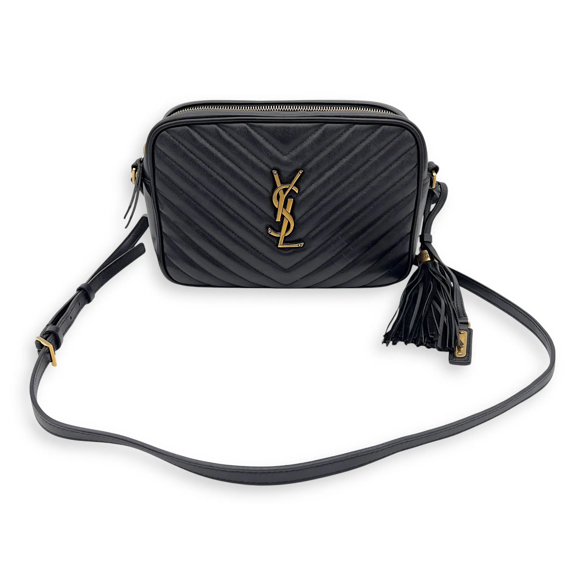 Camera Crossbody Bag Medium Black in Calfskin, Gold hardware