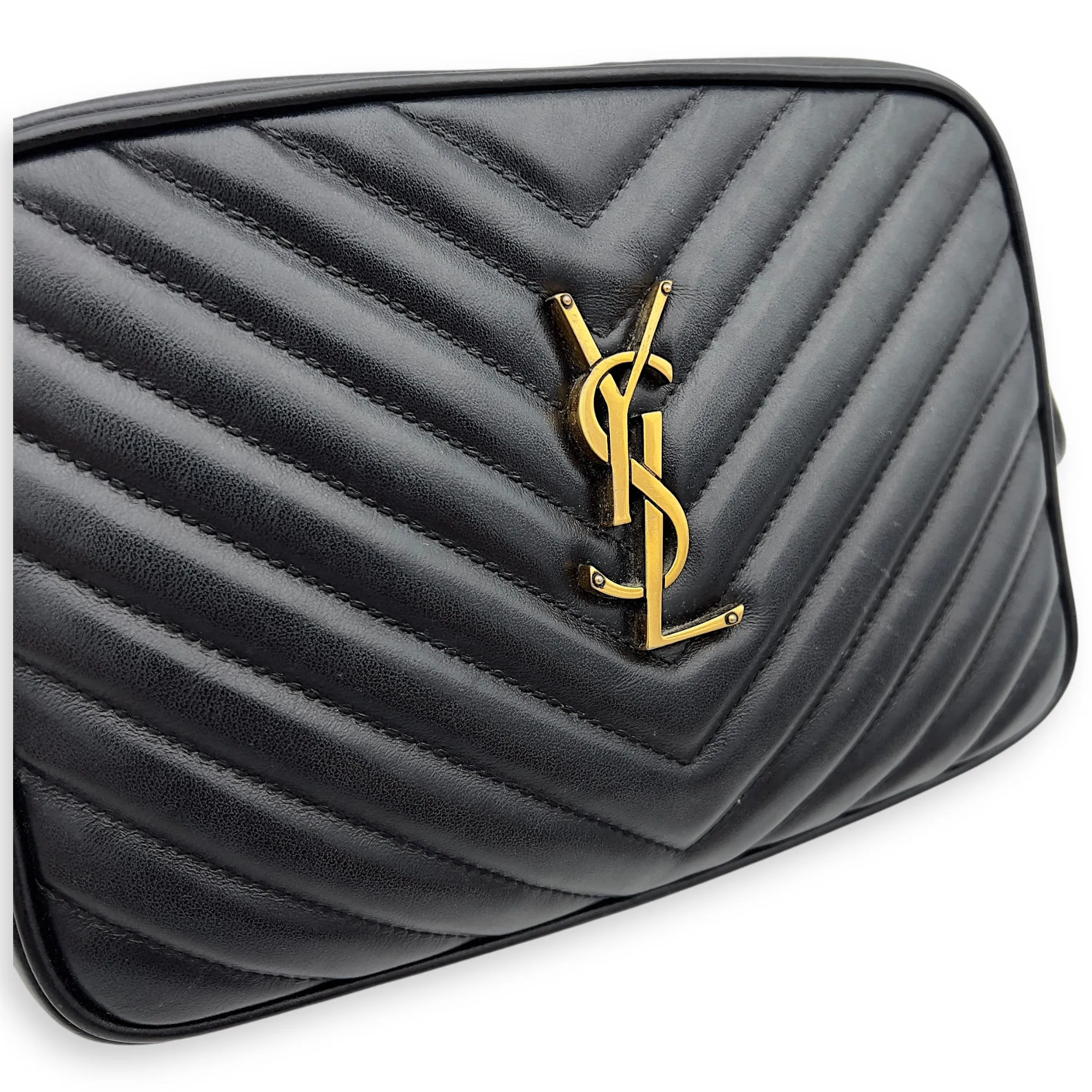 Camera Crossbody Bag Medium Black in Calfskin, Gold hardware