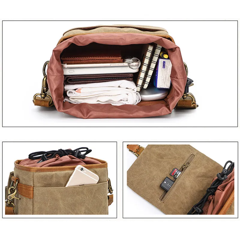 Canvas With Leather Camera Bag Waxed Canvas DSLR Camera Bag Waterproof Vintage Crossbody Messenger Bag QSMK-67