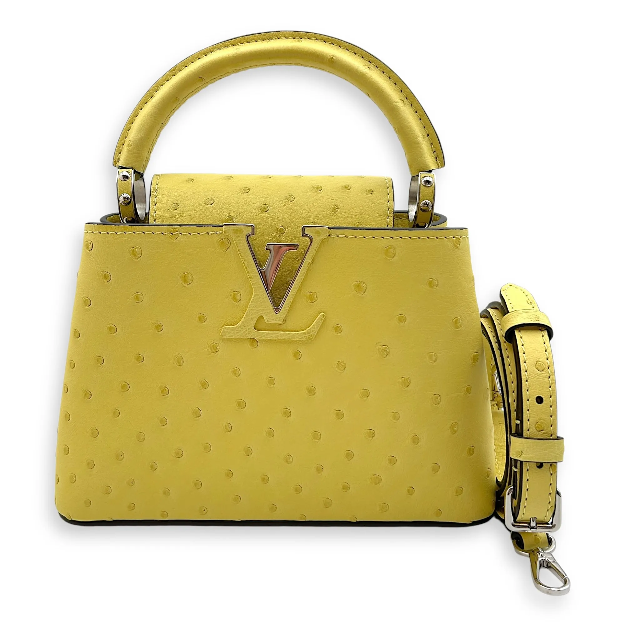 Capucines Mini Jaune Crossbody Bag in Ostrich, Silver hardware