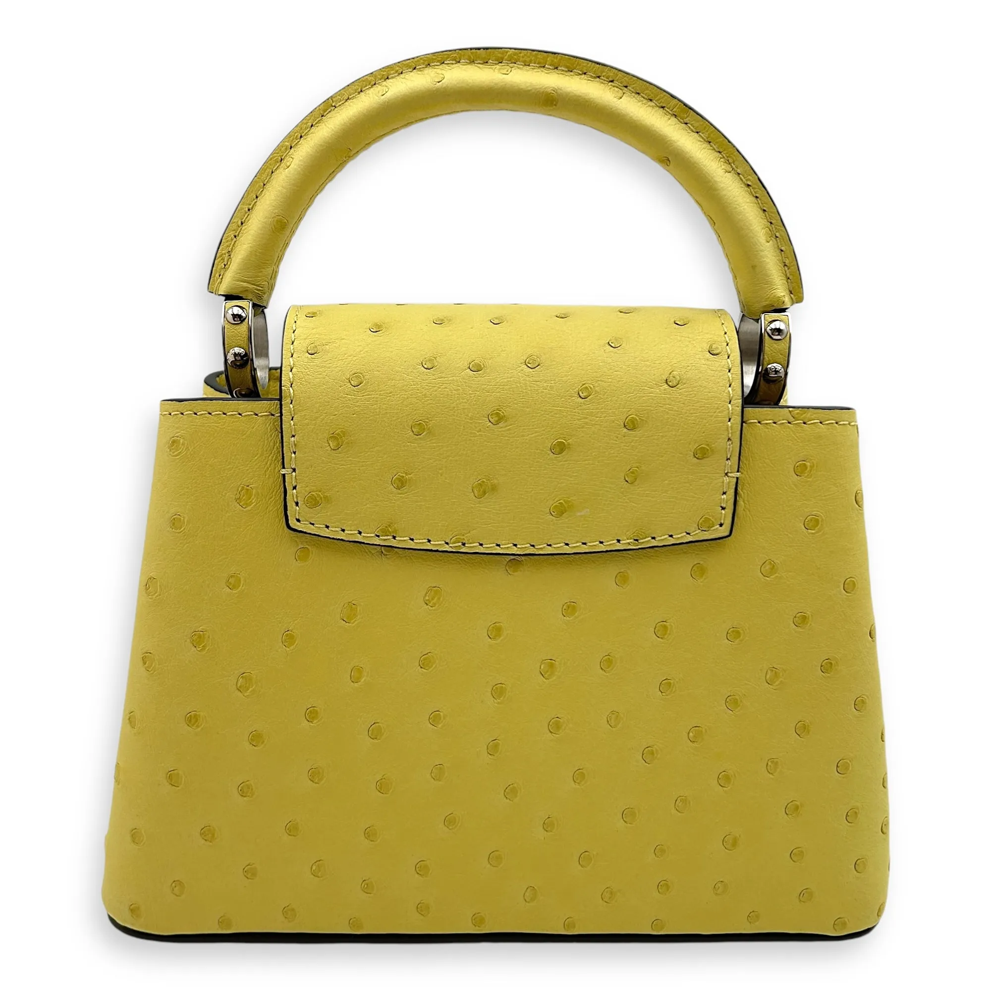 Capucines Mini Jaune Crossbody Bag in Ostrich, Silver hardware