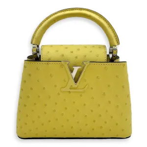 Capucines Mini Jaune Crossbody Bag in Ostrich, Silver hardware