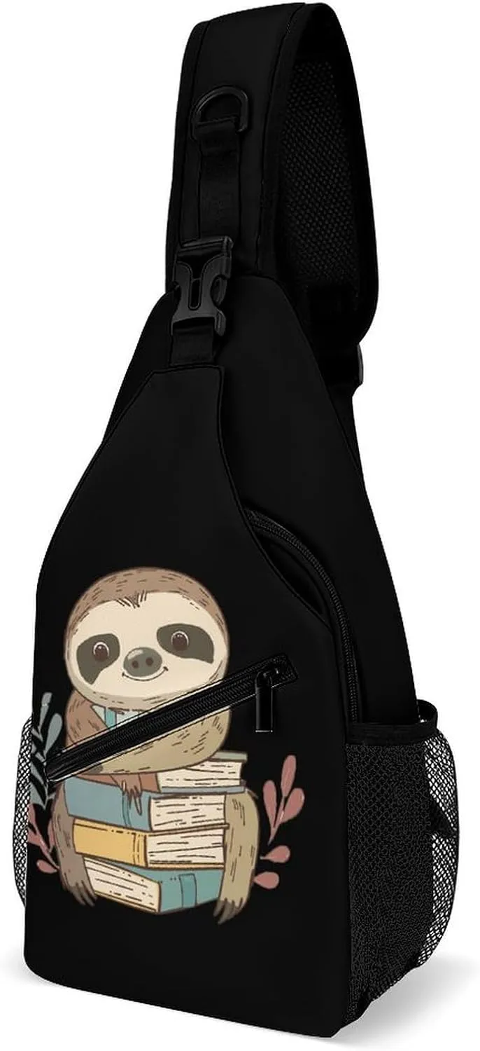 Cartoon Sloth Holding Books Fashion Chest Bag for Men Small Sling Bag Backpack Crossbody Travel Hiking Daypack